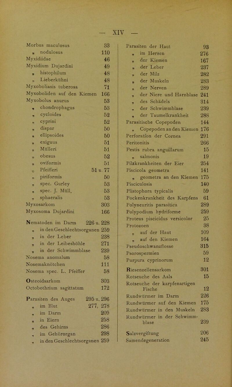Morbus maculosus 33 ?» nodulosus 110 Myxidiidae 46 Myxidium Dujardini 49 W histophilum 48 n Lieberkühni 48 Myxoboliasis tuberosa 71 Myxoboliden auf den Kiemen 166 Myxobolus anurus 53 1» chondrophagus 53 Ji cycloides 52 » cyprini 52 n dispar 50 Ji ellipsoides 50 V exiguus 51 V Mülleri 51 V obesus 52 n oviformis 51 Pfeifferi 51 u, 77 n piriformis 50 ti spec. Gurley 53 rt spec. J. Müll. 53 sphaeralis 53 Myxosarkom 303 Myxosoma Dujardini 166 Nematoden im Darm 226 u. 228 in den Geschlechtsorganen 259 1) in der Leber 238 71 in der Leibeshöhle 271 71 in der Schwimmblase 239 Nosema anomalum 58 Nosemaknötchen 111 Nosema spec. L. Pfeiffer 58 Osteoidsarkom 303 Octobothrium sagittatum 172 Parasiten des Auges 295 u. 296 17 im Blut 277, 278 71 im Darm 209 7) in Eiern 258 7) des Gehirns 286 n im Gehörorgan 298 71 in den Geschlechtsorganen 259 Parasiten der Haut 93 „ im Herzen 276 „ der Kiemen 167 „ der Leber 237 , der Milz 282 „ der Muskeln 283 „ der Nerven 289 „ der Niere und Harnblase 241 „ des Schädels 314 , der Schwimmblase 239 „ der Taumelkrankheit 288 Parasitische Copepoden 144 „ Copepoden an den Kiemen 176 Perforation der Cornea 291 Peritonitis 266 Pestis rubra anguillarum 15 „ salmonis 19 Pilzkrankheiten der Eier 254 Piscicola geometra 141 „ geometra an den Kiemen 175 Pisciculosis 140 Plistophora typicalis 59 Pockenkrankheit des Karpfens 61 Polyneuritis parasitica 289 Polypodium hydriforme 259 Proteus piscicidus versicolor 25 Protozoen 38 „ auf der Haut 109 „ auf den Kiemen 164 Pseudoschwanzflosse 315 Psorospermien 59 Purpura cyprinorum 12 Riesenzellensarkom 301 Rotseuche des Aals 15 Rotseuche der karpfenartigen Fische 12 Rundwürmer im Darm 226 Rundwürmer auf den Kiemen 175 Rundwürmer in den Muskeln 283 Rundwürmer in der Schwimm- blase 239 Salzvergiftung 206 Samendegeneration 245
