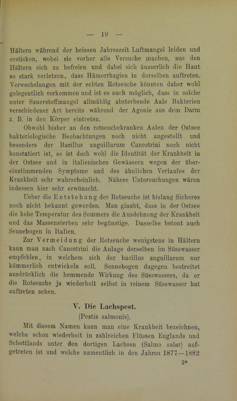 Haltern während der heissen Jahreszeit Luftmangel leiden und ersticken, wobei sie vorher alle Versuche machen, aus den Haltern sich zu befreien und dabei sich äusserlich die Haut so stark verletzen, dass Hämorrhagien in derselben auftreten. Verwechslungen mit der echten Entseuche könnten daher wohl gelegentlich Vorkommen und ist es auch möglich, dass in solche unter Sauerstoffmangel allmählig absterbende Aale Bakterien verschiedener Art bereits während der Agonie aus dem Darm z. B. in den Körper eintreten. Obwohl bisher an den rotseucbekranken Aalen der Ostsee bakteriologische Beobachtungen noch nicht angestellt und besonders der Bacillus anguillarum Canestrini noch nicht konstatiert ist, so ist doch wohl die Identität der Krankheit in der Ostsee und in italienischen Gewässern wegen der über- einstimmenden Symptome und des ähnlichen Verlaufes der Krankheit sehr wahrscheinlich. Nähere Untersuchungen wären indessen hier sehr erwünscht. Ueber die Entstehung der Eotseuche ist bislang Sicheres noch nicht bekannt geworden. Man glaubt, dass in der Ostsee die hohe Temperatur des Sommers die Ausdehnung der Krankheit und das Massensterben sehr begünstige. Dasselbe betont auch Sennebogen in Italien. Zur Vermeidung der Eotseuche wenigstens in Hältern kann man nach Canestrini die Anlage derselben im Süsswasser empfehlen, in welchem sich der bacillus anguillarum nur kümmerlich entwickeln soll. Sennebogen dagegen bestreitet ausdrücklich die hemmende Wirkung des Süsswassers, da er die Eotseuche ja wiederholt selbst in reinem Süsswasser hat auftreten sehen. V. Die Lachspest. (Pestis salmonis). Mit diesem Namen kann man eine Krankheit bezeichnen, welche schon wiederholt in zahlreichen Flüssen Englands und Schottlands unter den dortigen Lachsen (Salmo salar) auf- getreten ist und welche namentlich in den Jahren 1877—1882 2*
