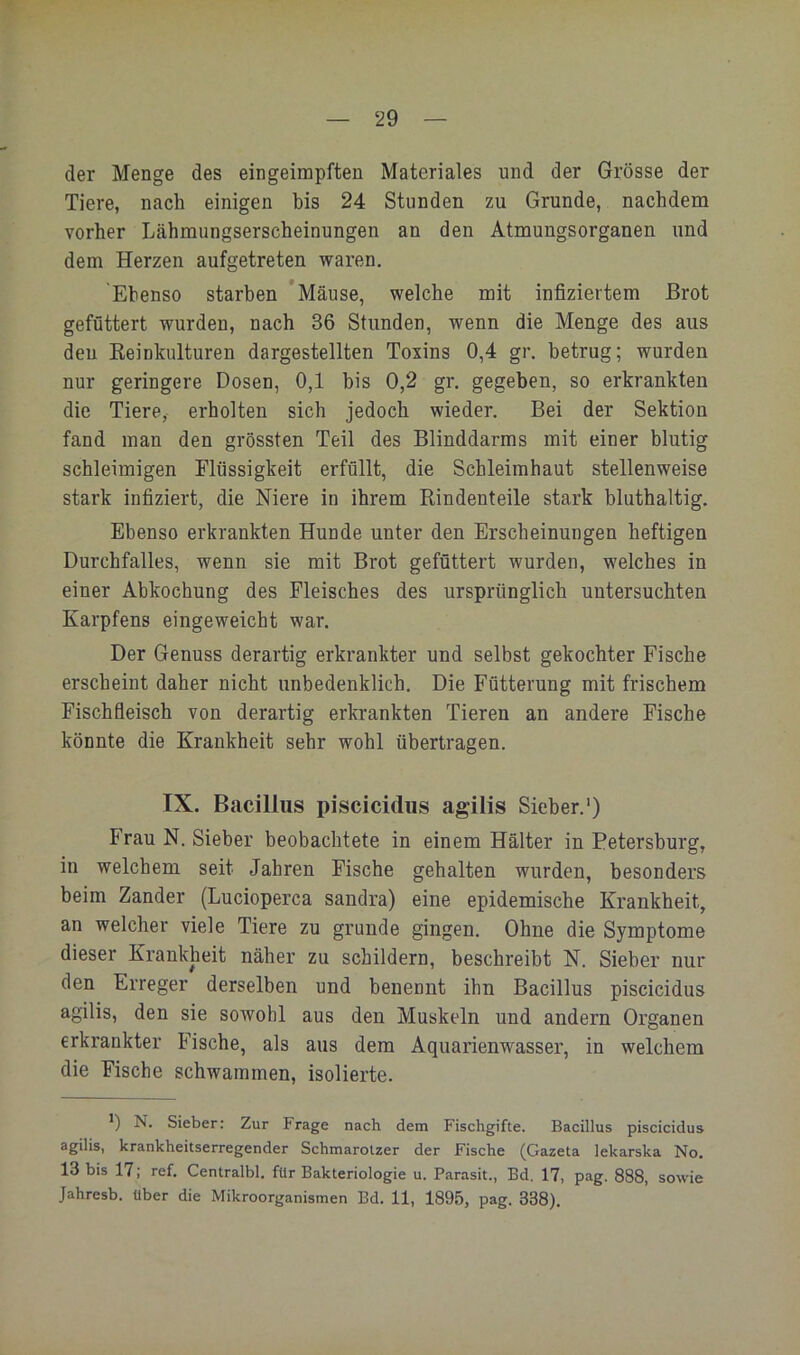 der Menge des eingeimpften Materiales und der Grösse der Tiere, nach einigen bis 24 Stunden zu Grunde, nachdem vorher Lähmungserscheinungen an den Atmungsorganen und dem Herzen aufgetreten waren. Ebenso starben *Mäuse, welche mit infiziertem Brot gefüttert wurden, nach 36 Stunden, wenn die Menge des aus den Keinkulturen dargestellten Toxins 0,4 gr. betrug; wurden nur geringere Dosen, 0,1 bis 0,2 gr. gegeben, so erkrankten die Tiere, erholten sich jedoch wieder. Bei der Sektion fand man den grössten Teil des Blinddarms mit einer blutig schleimigen Flüssigkeit erfüllt, die Schleimhaut stellenweise stark infiziert, die Niere in ihrem Rindenteile stark bluthaltig. Ebenso erkrankten Hunde unter den Erscheinungen heftigen Durchfalles, wenn sie mit Brot gefüttert wurden, welches in einer Abkochung des Fleisches des ursprünglich untersuchten Karpfens eingeweicht war. Der Genuss derartig erkrankter und selbst gekochter Fische erscheint daher nicht unbedenklich. Die Fütterung mit frischem Fischfieisch von derartig erkrankten Tieren an andere Fische könnte die Krankheit sehr wohl übertragen. IX. Bacillus piscicidus agilis Sieber.') Frau N. Sieber beobachtete in einem Halter in Petersburg, in welchem seit Jahren Fische gehalten wurden, besonders beim Zander (Lucioperca sandra) eine epidemische Krankheit, an welcher viele Tiere zu gründe gingen. Ohne die Symptome dieser Krankheit näher zu schildern, beschreibt N. Sieber nur den Erreger derselben und benennt ihn Bacillus piscicidus agilis, den sie sowohl aus den Muskeln und andern Organen erkrankter Fische, als aus dem Aquarienwasser, in welchem die Fische schwammen, isolierte. N. Sieber: Zur Frage nach dem Fischgifte. Bacillus piscicidus agilis, krankheitserregender Schmarotzer der Fische (Gazeta lekarska No. 13 bis 17; ref. Centralbl. für Bakteriologie u. Parasit., Bd, 17, pag. 888, sowie Jahresb. Uber die Mikroorganismen Bd. 11, 1895, pag. 338).