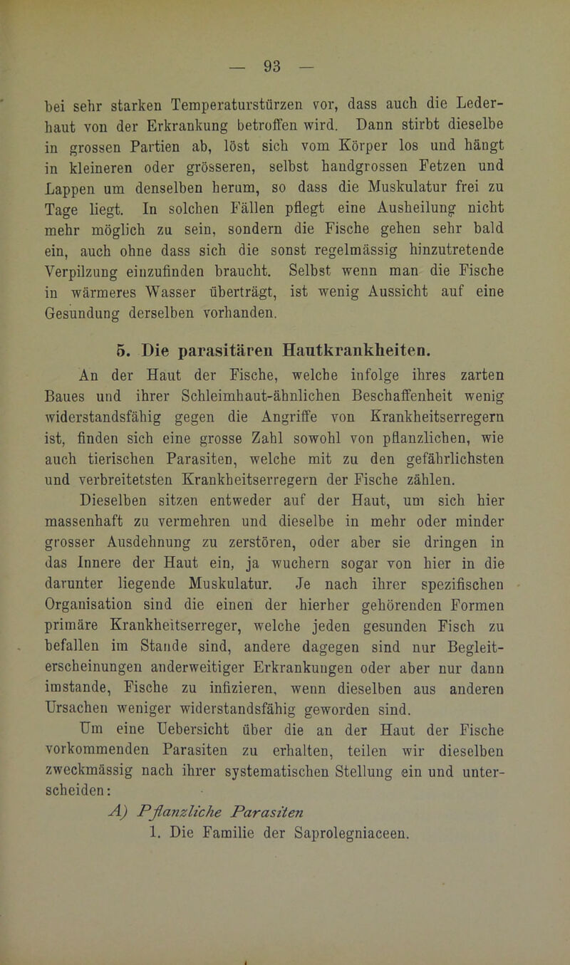 bei sehr starken Temperaturstürzen vor, dass auch die Leder- haut von der Erkrankung betroffen wird. Dann stirbt dieselbe in grossen Partien ab, löst sieb vom Körper los und hängt in kleineren oder grösseren, selbst handgrossen Fetzen und Lappen um denselben herum, so dass die Muskulatur frei zu Tage liegt. In solchen Fällen pflegt eine Ausheilung nicht mehr möglich zu sein, sondern die Fische gehen sehr bald ein, auch ohne dass sich die sonst regelmässig hinzutretende Verpilzung einzufinden braucht. Selbst wenn man die Fische in wärmeres Wasser überträgt, ist wenig Aussicht auf eine Gesundung derselben vorhanden. 5. Die parasitären Hautkrankheiten. An der Haut der Fische, welche infolge ihres zarten Baues und ihrer Schleimhaut-ähnlichen Beschaffenheit wenig widerstandsfähig gegen die Angriffe von Krankheitserregern ist, finden sich eine grosse Zahl sowohl von pflanzlichen, wie auch tierischen Parasiten, welche mit zu den gefährlichsten und verbreitetsten Krankheitserregern der Fische zählen. Dieselben sitzen entweder auf der Haut, um sieh hier massenhaft zu vermehren und dieselbe in mehr oder minder grosser Ausdehnung zu zerstören, oder aber sie dringen in das Innere der Haut ein, ja wuchern sogar von hier in die darunter liegende Muskulatur. Je nach ihrer spezifischen - Organisation sind die einen der hierher gehörenden Formen primäre Krankheitserreger, welche jeden gesunden Fisch zu befallen im Stande sind, andere dagegen sind nur Begleit- erscheinungen anderweitiger Erkrankungen oder aber nur dann imstande, Fische zu infizieren, wenn dieselben aus anderen Ursachen weniger widerstandsfähig geworden sind. Um eine Uebersicht über die an der Haut der Fische vorkommenden Parasiten zu erhalten, teilen wir dieselben zweckmässig nach ihrer systematischen Stellung ein und unter- scheiden : A) Pflanzliche Parasiten 1. Die Familie der Saprolegniaceen. I
