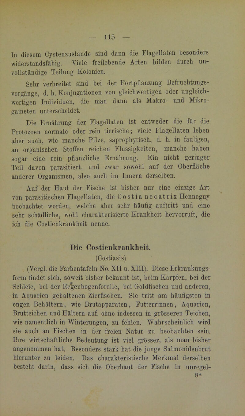 In diesem Cysteiizustande sind dann die Flagellaten besonders widerstandsfähig. Viele freilebende Arten bilden durch un- vollständige Teilung Kolonien. Sehr verbreitet sind bei der Fortpflanzung Befruchtungs- vorgänge, d. h. Konjugationen von gleichwertigen oder ungleich- wertigen Individuen, die man dann als Makro- und Mikro- gameten unterscheidet. Die Ernährung der Flagellaten ist entweder die für die Protozoen normale oder rein tierische; viele Flagellaten leben aber auch, wie manche Pilze, saprophytisch, d. h. in fauligen, an organischen Stoffen reichen Flüssigkeiten, manche haben sogar eine rein pflanzliche Ernährung. Ein nicht geringer Teil davon parasitiert, und zwar sowohl auf der Oberfläche anderer Organismen, also auch im Innern derselben. Auf der Haut der Fische ist bisher nur eine einzige Art von parasitischen Flagellaten, die Costia necatrix Henneguy beobachtet worden, web-he aber sehr häufig auftritt und eine sehr schädliche, wohl charakterisierte Krankheit hervorruft, die ich die Costienkrankheit nenne. Die Costienkrankheit. (Costiasis) (Vergl. die Farbentafeln No. XII u. XIII). Diese Erkrankungs- form flndet sich, soweit bisher bekannt ist, beim Karpfen, bei der Schleie, bei der Eegenbogenforelle, bei Goldflschen und anderen, in Aquarien gehaltenen Zierfischen. Sie tritt am häufigsten in engen Behältern, wie Brutapparaten, Futterrinnen, Aquarien, Brutteichen und Hältern auf, ohne indessen in grösseren Teichen, wie namentlich in Winterungen, zu fehlen. Wahrscheinlich wird sie auch an Fischen in der freien Natur zu beobachten sein. Ihre wirtschaftliche Bedeutung ist viel grösser, als man bisher angenommen hat. Besonders stark hat die junge Salmonidenbrut hierunter zu leiden. Das charakteristische Merkmal derselben besteht darin, dass sich die Oberhaut der Fische in unregel- 8*