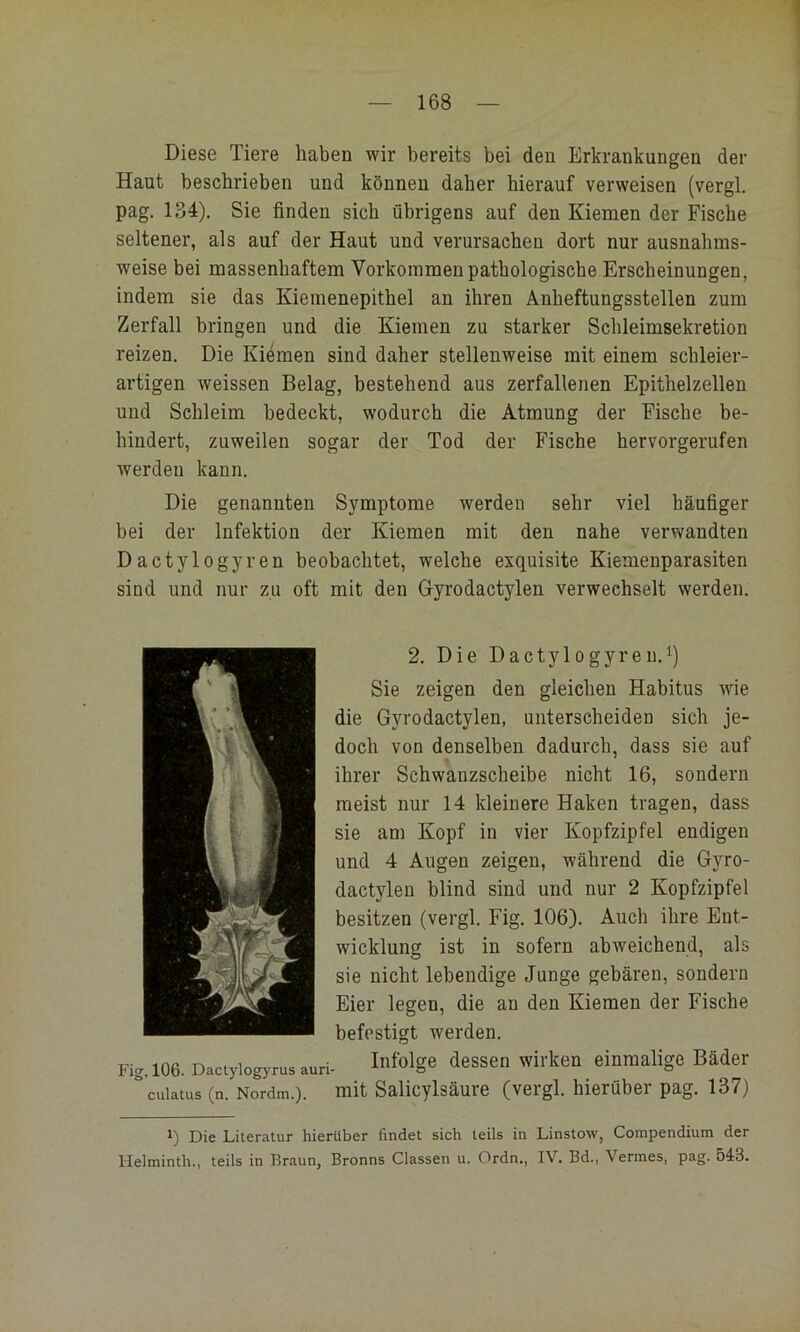 Diese Tiere haben wir bereits bei den Erkrankungen der Haut beschrieben und können daher hierauf verweisen (vergl. pag. 134). Sie finden sich übrigens auf den Kiemen der Fische seltener, als auf der Haut und verursachen dort nur ausnahms- weise bei massenhaftem Vorkommen pathologische Erscheinungen, indem sie das Kieinenepithel an ihren Anheftungsstellen zum Zerfall bringen und die Kiemen zu starker Schleimsekretion reizen. Die Kimmen sind daher stellenweise mit einem schleier- artigen weissen Belag, bestehend aus zerfallenen Epithelzellen und Schleim bedeckt, wodurch die Atmung der Fische be- hindert, zuweilen sogar der Tod der Fische hervorgerufen werden kann. Die genannten Symptome werden sehr viel häufiger bei der Infektion der Kiemen mit den nahe verwandten Dactylogyren beobachtet, welche exquisite Kiemenparasiten sind und nur zu oft mit den Gyrodactylen verwechselt werden. 2. Die Dactylogyren.^) Sie zeigen den gleichen Habitus wie die Gyrodactylen, unterscheiden sich je- doch von denselben dadurch, dass sie auf ihrer Schwauzscheibe nicht 16, sondern meist nur 14 kleinere Haken tragen, dass sie am Kopf in vier Kopfzipfel endigen und 4 Augen zeigen, während die Gyro- dactylen blind sind und nur 2 Kopfzipfel besitzen (vergl. Fig. 106). Auch ihre Ent- wicklung ist in sofern abweichend, als sie nicht lebendige Junge gebären, sondern Eier legen, die an den Kiemen der Fische befestigt werden. Fig. 106. Dactyiogyrusauri- Infolge <lessen wirken einmalige Bäder cuiatus (n. Nordm.). mit Salicylsäure (vergl. hierüber pag. 137) 1) Die Literatur hierüber findet sich teils in Linstow, Compendium der llelminth., teils in Braun, Bronns Classen u. Ordn., IV. Bd., Vermes, pag. 54:3.