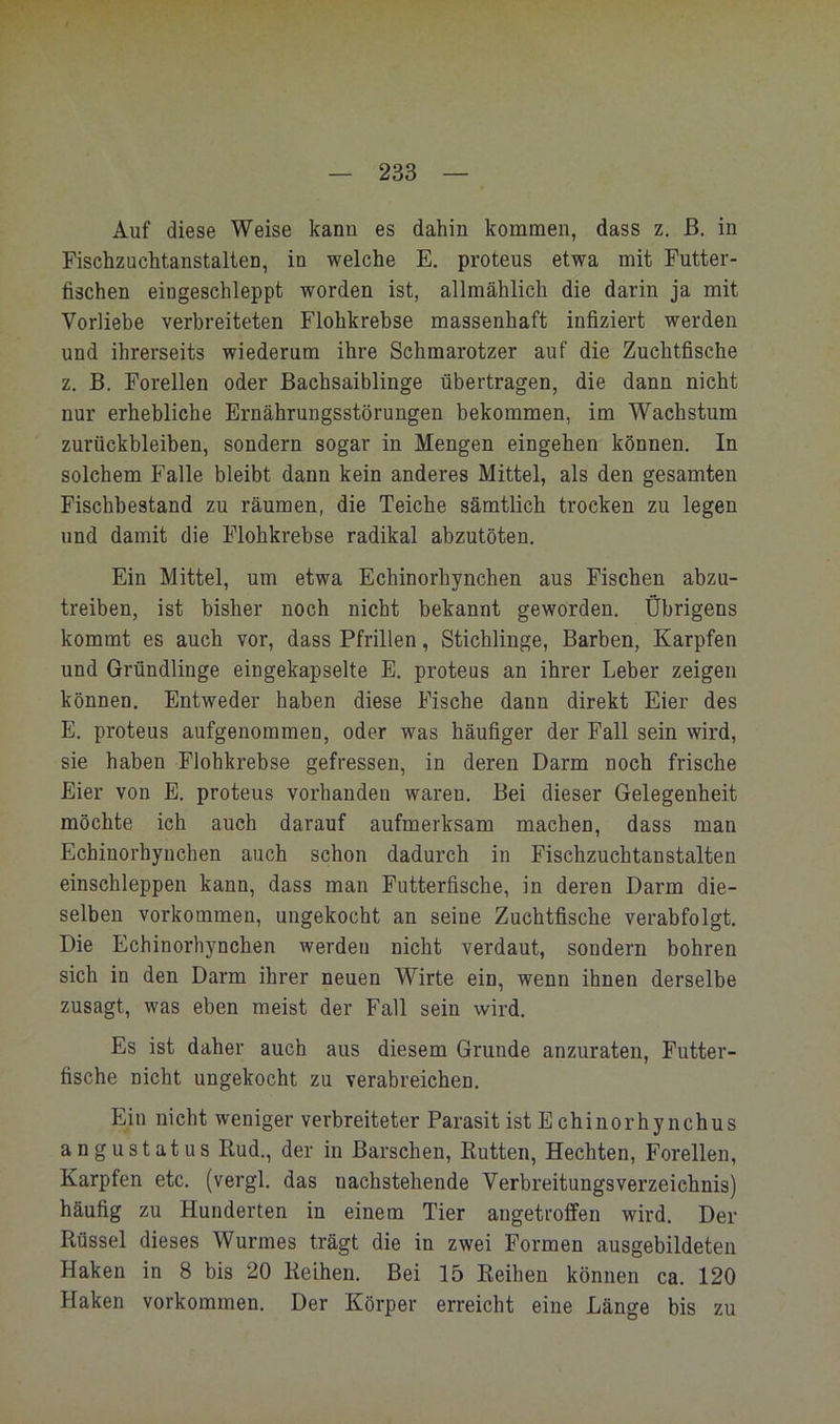 Auf diese Weise kann es dahin kommen, dass z, ß. in Fischzuchtanstalten, in welche E. proteus etwa mit Futter- fischen eingeschleppt worden ist, allmählich die darin ja mit Vorliebe verbreiteten Flohkrebse massenhaft infiziert werden und ihrerseits wiederum ihre Schmarotzer auf die Zuchtfische z. B. Forellen oder Bachsaiblinge übertragen, die dann nicht nur erhebliche Ernährungsstörungen bekommen, im Wachstum Zurückbleiben, sondern sogar in Mengen eingehen können. In solchem Falle bleibt dann kein anderes Mittel, als den gesamten Fischbestand zu räumen, die Teiche sämtlich trocken zu legen und damit die Flohkrebse radikal abzutöten. Ein Mittel, um etwa Echinorhynchen aus Fischen abzu- treiben, ist bisher noch nicht bekannt geworden. Übrigens kommt es auch vor, dass Pfrillen, Stichlinge, Barben, Karpfen und Gründlinge eingekapselte E. proteus an ihrer Leber zeigen können. Entweder haben diese Fische dann direkt Eier des E. proteus aufgenommen, oder was häufiger der Fall sein wird, sie haben Flohkrebse gefressen, in deren Darm noch frische Eier von E. proteus vorhanden waren. Bei dieser Gelegenheit möchte ich auch darauf aufmerksam machen, dass man Echinorhynchen auch schon dadurch in Fischzuchtanstalten einschleppen kann, dass man Futterfische, in deren Darm die- selben Vorkommen, ungekocht an seine Zuchtfische verabfolgt. Die Echinorhynchen werden nicht verdaut, sondern bohren sich in den Darm ihrer neuen Wirte ein, wenn ihnen derselbe zusagt, was eben meist der Fall sein wird. Es ist daher auch aus diesem Grunde anzuraten, Futter- fische nicht ungekocht zu verabreichen. Ein nicht weniger verbreiteter Parasit ist E chinorhy nchus angustatus Rud., der in Barschen, Kutten, Hechten, Forellen, Karpfen etc. (vergl. das nachstehende Verbreitungsverzeichnis) häufig zu Hunderten in einem Tier angetroffen wird. Der Rüssel dieses Wurmes trägt die in zwei Formen ausgebildeten Haken in 8 bis 20 Reihen. Bei 15 Reihen können ca. 120 Haken Vorkommen. Der Körper erreicht eine Länge bis zu