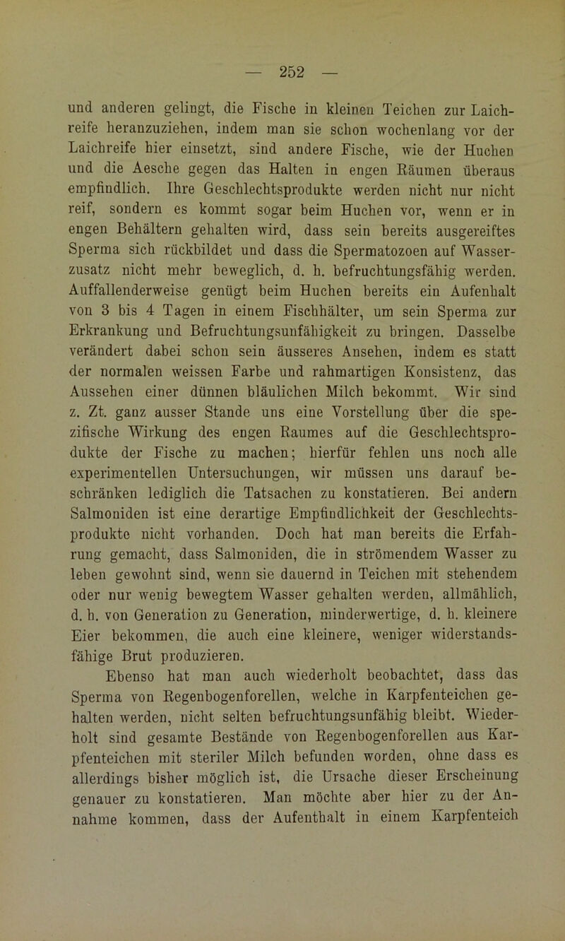und anderen gelingt, die Fische in kleinen Teichen zur Laich- reife heranzuziehen, indem man sie schon wochenlang vor der Laichreife hier einsetzt, sind andere Fische, wie der Huchen und die Aesche gegen das Halten in engen Räumen überaus empfindlich. Ihre Geschlechtsprodukte werden nicht nur nicht reif, sondern es kommt sogar beim Huchen vor, wenn er in engen Behältern gehalten wird, dass sein bereits ausgereiftes Sperma sich rückbildet und dass die Spermatozoen auf Wasser- zusatz nicht mehr beweglich, d. h. befruchtungsfähig werden. Auffallenderweise genügt beim Huchen bereits ein Aufenhalt von 3 bis 4 Tagen in einem Fischhälter, um sein Sperma zur Erkrankung und Befruchtungsunfähigkeit zu bringen. Dasselbe verändert dabei schon sein äusseres Ansehen, indem es statt der normalen weissen Farbe und rahmartigen Konsistenz, das Aussehen einer dünnen bläulichen Milch bekommt. Wir sind z. Zt. ganz ausser Stande uns eine Vorstellung über die spe- zifische Wirkung des engen Raumes auf die Geschlechtspro- dukte der Fische zu machen; hierfür fehlen uns noch alle experimentellen Untersuchungen, wir müssen uns darauf be- schränken lediglich die Tatsachen zu konstatieren. Bei andern Salmoniden ist eine derartige Empfindlichkeit der Geschlechts- produkte nicht vorhanden. Doch hat man bereits die Erfah- rung gemacht, dass Salmoniden, die in strömendem Wasser zu leben gewohnt sind, wenn sie dauernd in Teichen mit stehendem oder nur wenig bewegtem Wasser gehalten werden, allmählich, d. h. von Generation zu Generation, minderwertige, d. h. kleinere Eier bekommen, die auch eine kleinere, weniger widerstands- fähige Brut produzieren. Ebenso hat man auch wiederholt beobachtet, dass das Sperma von Regenbogenforellen, welche in Karpfenteichen ge- halten werden, nicht selten befruchtungsunfähig bleibt. Wieder- holt sind gesamte Bestände von Regenbogenforellen aus Kar- pfenteichen mit steriler Milch befunden worden, ohne dass es allerdings bisher möglich ist, die Ursache dieser Erscheinung genauer zu konstatieren. Man möchte aber hier zu der An- nahme kommen, dass der Aufenthalt in einem Karpfenteich