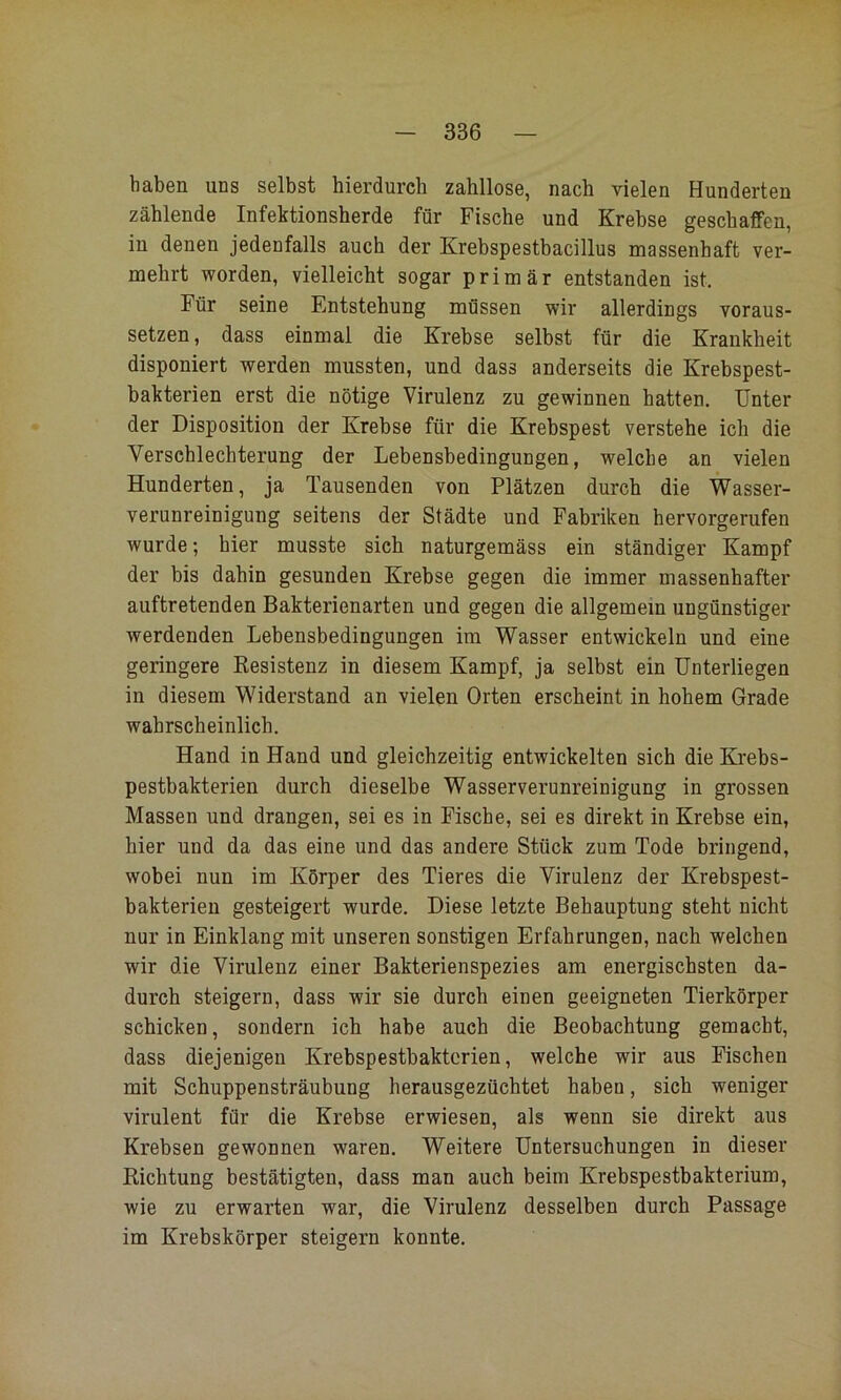 haben uns selbst hierdurch zahllose, nach vielen Hunderten zählende Infektionsherde für Fische und Krebse geschaffen, in denen jedenfalls auch der Krebspestbacillus massenhaft ver- mehrt worden, vielleicht sogar primär entstanden ist. Für seine Entstehung müssen wir allerdings voraus- setzen, dass einmal die Krebse selbst für die Krankheit disponiert werden mussten, und dass anderseits die Krebspest- bakterien erst die nötige Virulenz zu gewinnen hatten. Unter der Disposition der Krebse für die Krebspest verstehe ich die Verschlechterung der Lebensbedingungen, welche an vielen Hunderten, ja Tausenden von Plätzen durch die Wasser- verunreinigung seitens der Städte und Fabriken hervorgerufen wurde; hier musste sich naturgemäss ein ständiger Kampf der bis dahin gesunden Krebse gegen die immer massenhafter auftretenden Bakterienarten und gegen die allgemein ungünstiger werdenden Lebensbedingungen im Wasser entwickeln und eine geringere Kesistenz in diesem Kampf, ja selbst ein Unterliegen in diesem Widerstand an vielen Orten erscheint in hohem Grade wahrscheinlich. Hand in Hand und gleichzeitig entwickelten sich die Krebs- pestbakterien durch dieselbe Wasserverunreinigung in grossen Massen und drangen, sei es in Fiscbe, sei es direkt in Krebse ein, hier und da das eine und das andere Stück zum Tode bringend, wobei nun im Körper des Tieres die Virulenz der Krebspest- bakterien gesteigert wurde. Diese letzte Behauptung steht nicht nur in Einklang mit unseren sonstigen Erfahrungen, nach welchen wir die Virulenz einer Bakterienspezies am energischsten da- durch steigern, dass wir sie durch einen geeigneten Tierkörper schicken, sondern ich habe auch die Beobachtung gemacht, dass diejenigen Krebspestbaktcrien, welche wir aus Fischen mit Schuppensträubung herausgezüchtet haben, sich weniger virulent für die Krebse erwiesen, als wenn sie direkt aus Krebsen gewonnen waren. Weitere Untersuchungen in dieser Richtung bestätigten, dass man auch beim Krebspestbakterium, wie zu erwarten war, die Virulenz desselben durch Passage im Krebskörper steigern konnte.
