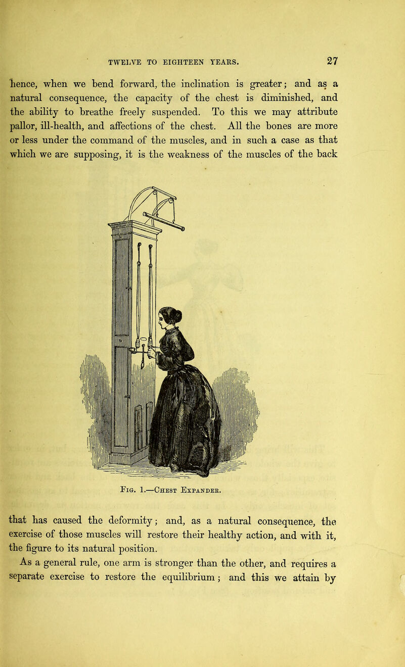 lienee, when we bend forward, the inclination is greater; and as a natural consequence, the capacity of the chest is diminished, and the ability to breathe freely suspended. To this we may attribute pallor, ill-health, and affections of the chest. All the bones are more or less under the command of the muscles, and in such a case as that which we are supposing, it is the weakness of the muscles of the back Fig. 1.—Chest Expandek. that has caused the deformity; and, as a natural consequence, the exercise of those muscles will restore their healthy action, and with it, the figure to its natural position. As a general rule, one arm is stronger than the other, and requires a separate exercise to restore the equilibrium; and this we attain by