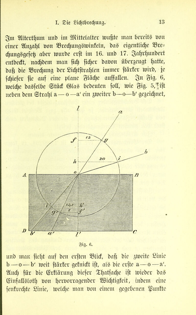 Sm Slttertljum itnb int Mittelalter tourte man bereite Don einer Sln^atyl bon $redjnng£ft>infetn, ba§ eigentliche S3re^ djnng£gefe| aber ftmrbe erft int 16. tntb 17. Saljrljnnbert entbedt, nadEjbent man ficf) fidler babon überzeugt hatte, baf$ bie S3red)nng ber Sidjtftrafyten immer ftarfer ft)irb, je fdfjiefer fie anf eine ptane gtädje anffatlen. Sn $ig. 6, metdtje baäfetbe ©tüd ®ta$ bebeiden foE, mie gig. 5,|ift neben bent ©trat)! a — o— a' ein Reiter b—o—b' gewidmet, nnb man fiefjt anf bcn erften 93Iid, baf$ bie jtoeite öinie b — o — b' meit ftarter gefnidt ift, al§ bie erfte a—o — a'. Slttdfj für bie ©rflärnng biefer Xt)atfad^e ift lieber ba& ©infatfölotl) bon Ijerborragenber SGBid^tigfeit f inbent eine fenfrecfjte Sittie, treidle man bon einem gegebenen 5ßnntte