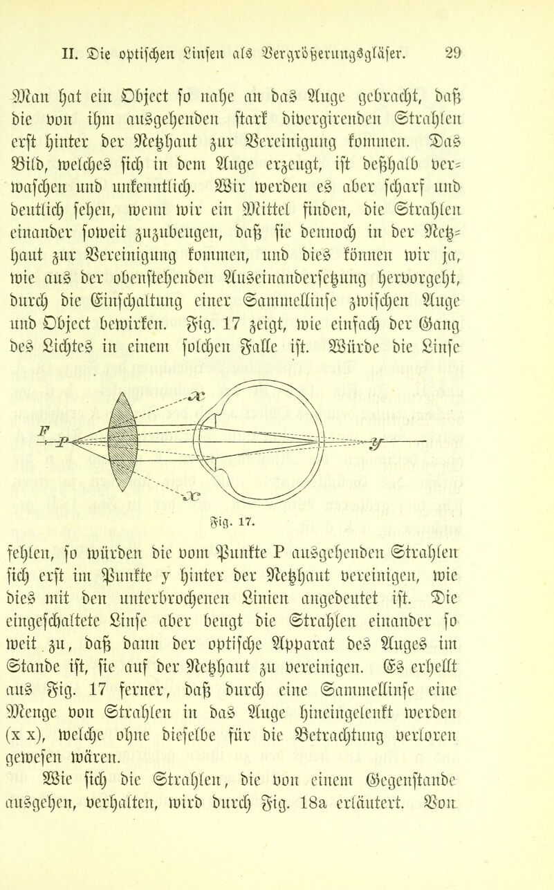 SJJan Ijat eilt Object fo natje an ba§ Sluge gebracht, baff bie non iljnt au^geljenben ftar! bioergirenben ©trauten erft Ijinter ber Stepljaut jur SSereintgung fomnten. ®a£ Slilb, toeldje§ fidj in bcm Singe erzeugt, ift befjtjafb Oer- mafdjen ttnb unfemttlidj. SBir töerben e% aber fdjarf unb beutlidj feljen, trenn toir ein SOcittet finben, bie ©trauten einanber fotoeit jujnbeugen, baff fie bemtodj in ber Sie|- Ijaut jur SSereinigung fomnten, ttnb bie£ fönnen mir ja, toie au3 ber obenfteljenben Slu§einanberfeijung IjerOorgeljt, bnrdj bie (Sinfdjattung einer ©ammettinfe gtoifdjen Singe nnb Object betüirfen. gig. 17 geigt, ioie eiitfad) ber (Sang be$ £idjte§ in einem folgen gatte ift. SBürbe bie Sinfe »t0* 17- fehlen, fo toürben bie Oorn fünfte P an^getjenben ©trauten fidj erft int fünfte y hinter ber Sle|ljaut Oereinigen, ioie bie$ mit ben unterbrochenen Sinien angebeutet ift. ®ie eingefdjaltete Sinfe aber beugt bie ©trauten einanber fo ioeit.gu, baff bann ber optifdje Slpparat be§ Singet im ©taube ift, fie auf ber Sfteidjaut gu Oereinigen. ©§ ertjettt au$ gig. 17 ferner, baff bnrdj eine ©ammettinfe eine SKenge oon ©traljlen in bas? Singe ^ineingelenft toerben (x x), ioeldje oljne biefelbe für bie SSetradjtung Oerloren geioefen ioäreit. SBie fidj bie ©traljlen, bie Oon einem (Segenftanbe au^geljen, Oerljaiten, ioirb bnrdj gig. 18a erläutert. SSoit