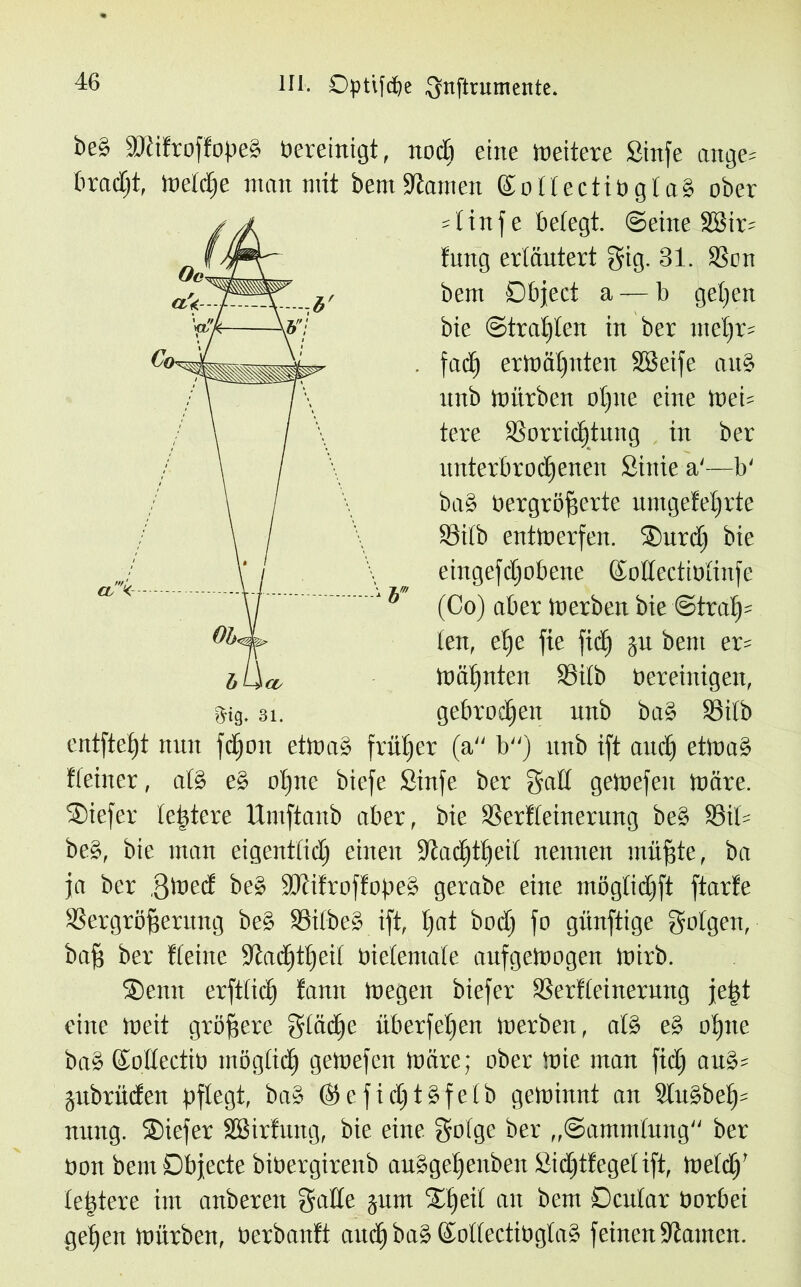 beb äßifroffopeb bereinigt, nod) eine Weitere Sinfe ange^ bradjt, meldje man mit bent tarnen ©ollectibglab ober s I in fe betegt. ©eine 28ir= lung erläutert $ig. 31. Von bem Object a — b gehen bie ©tratjten in ber mel)r= fad) ermähnten SBeife aub unb mürben ot)ite eine meU tere Vorrichtung in ber unterbrochenen Sinie a'—b' bab üergrößerte umgefeljrte Vitb entmerfen. Xurd) bie eingefd)obene ©odectiolinfe (Co) aber Inerben bie Strah- len, ehe jie fiel) ju bem er= mahnten Söilb bereinigen, gebrochen unb bab Söilb entsteht nun fd)on etmab früher (a b) unb ift and) etmab deiner, alb eb ohne biefe Sinfe ber gad gemefeit märe. Xiefer lebte re Untftanb aber, bie Verfleinentng beb Vit= beb, bie man eigentlid) einen 9iachtl)eil nennen müßte, ba ja ber ,3med beb Stditroffoßeb gerabe eine mögtidjft ftarfe Vergrößerung beb Vilbeb ift, l)at bod) fo günftige folgen, baß ber deine üdaißtheil bietemale aufgemogen mirb. Xenn erftlict) fann megen biefer Verfeinerung jeßt eine meit größere glädje überfeßen merbeit, atb eb oßne bab ©odectio möglich gemefett märe; ober mie man fid) aub= gubrüden pflegt, bab ©efidjtbfelb getoinnt an 9lubbel)= nung. Xiefet Sßirfung, bie eine golge ber „Sammlung ber oon bem Dbjecte bioergirenb aubgehenben Sid)tfegel ift, meid)’ leidere im anberen 3ade gum Xßeil an bem Dcular öorbei geßen mürben, tierbanft aud) bab ©ollectioglab feinen Vaittcn.