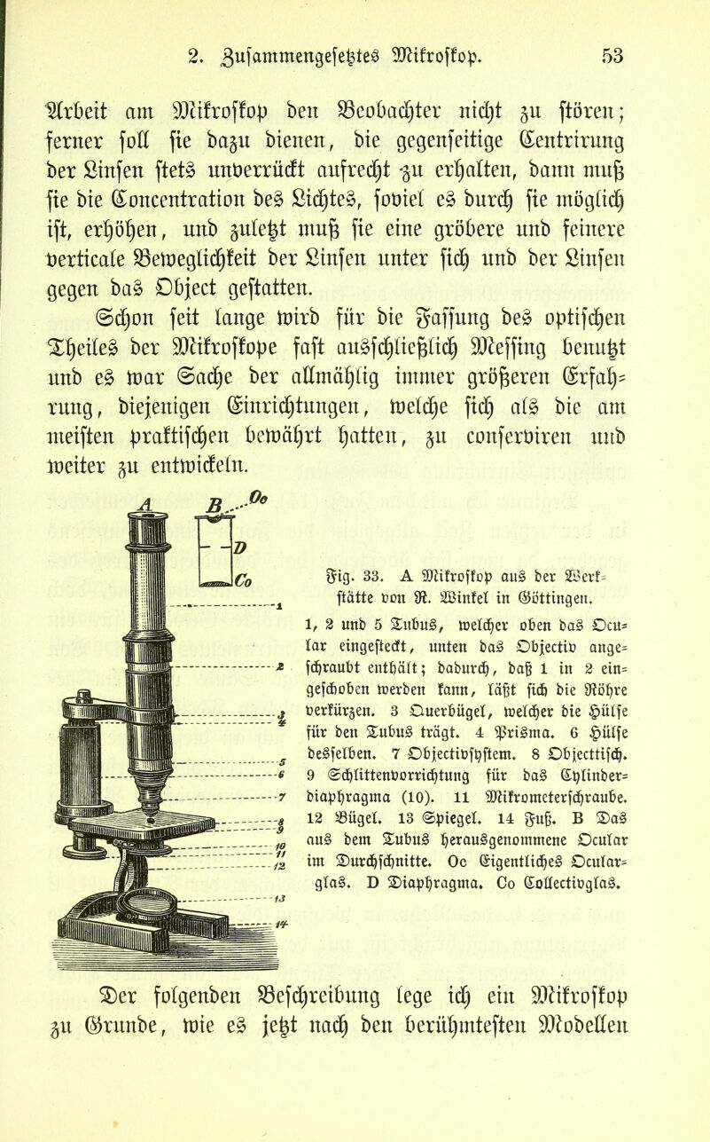 Strbext am SDiifroffop ben 95eobad£)ter nidjt ju ftören; ferner fott fie baju bienen, bie gegenfettige ©entrirung ber Sinfen ftet£ unberrüdt aufredjt $n erhalten, bann ntufj fie bte ©oncentration be3 £id£)te§, fobiet e$ burd) fie mögtidj ift, erflögen, nnb jnte^t muf$ fie eine gröbere unb feinere berticate 33eft)eglid)feit ber Sinfen unter fid^ unb ber Sinfen gegen ba£ Dbject geftatten. ©d)on feit tauge inirb für bie Raffung be§ optifd)en ®t)eite3 ber Stlüroffope faft auäfdpepdEj Stieffing benu|t nnb e§> iuar ©actje ber attmätftig immer größeren förfat^ rung, biejenigett (Sinrictjtungen, tnetdje fidj afö bie am nteiften })raltifd)en bettmljrt Ratten, 51t conferbiren unb ineiter entmideln. $ig. 33. A SDtifroffop au§ ber 2öerf= ftatte t>ott 9t. SBinfel in (Böttingen. 1/ 2 unb 5 $Xubu§, melier oben ba§ Ocu- tar eingeftecft, unten ba3 Objectiö ange= fdjraubt entbätt; baburcb, bajj 1 in 2 ein= gefcboben merben fann, laßt ficb bie 9töbre bertürgen. 3 Ciuerbüget, meldjer bie §ütfe für ben £ubu§ tragt. 4 $ri§ma. 6 £>ütfe beSfetben. 7 Dbjectibfbftem. 8 Dbfecttifd}. 9 ©d)tittenüorricbtung für ba£ (£blinber= biaübtagma (10). 11 SDtifromcterfcbraube. 12 $ügel, 13 ©bieget. 14 gufj. B 2)a§ au§ bem £ubu§ berauSgenommene Ocutar im 2)ur(bf<bttitte. Oc (Sigenttidjeg £)cutar= gta§. D SDiapbragnta. Co ßotfectiügtaS. ®er fotgenben 33efd)reibung lege iclj ein ÜDiifroffop gn ©runbe, inie e£ jei^t nadE) ben berütjmteften SDtobetten