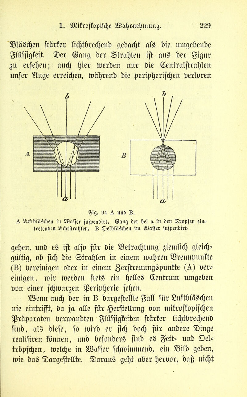 SSlägdjen ftärfer lidC)tbred()enb gebaut alZ bte umgebertbe glüffigfeit. ®er ®ang ber ©tragen ift au3 ber gignr gu erfeljen; aucfj f)ter Serben nur bte ©entralftralflen nufer Singe erreichen, mäljrenb bte peripljerifdfjen berloren $ig. 94 A unb B. A 2ufibta§djett in SGßaffer fufpenbtrt. ®ang ber bet a ttt bett SEropfett ein= tretettben Sidjtftrafylem B Delblä§cbeu im SBaffer fujpenbirt- ge^en, nub eZ ift alfo für bte ^Betrachtung ziemlich gleich gültig, ob ficfj bte ©trauten tu einem magren Srennpunfte (B) bereinigen ober in einem ßerftreuung^punfte (A) ber^ einigen, mir toerben ftet§ ein fyeUeZ föentrum umgeben bon einer fc^mar^en Peripherie fef)ett. SBemt auch ber in B bargefteßte gaß für Suftbtääcfjen nie eintrifft, ba ja aße für £>erfteßung bon mifroffopifchen Präparaten bermanbten glüffigfeiten ftärfer lidfjtbrechenb finb, alZ biefe, fo mirb er fidjj bocf) für anbere ®inge realifiren fönnen, nnb befonberä finb eZ $etU nnb Del- tropften, melche in SB aff er f^mintrnenb, ein 93ilb geben, mie baZ ®argefteßte. ®arau§ gef)t aber ^erbor, baft nicf)t