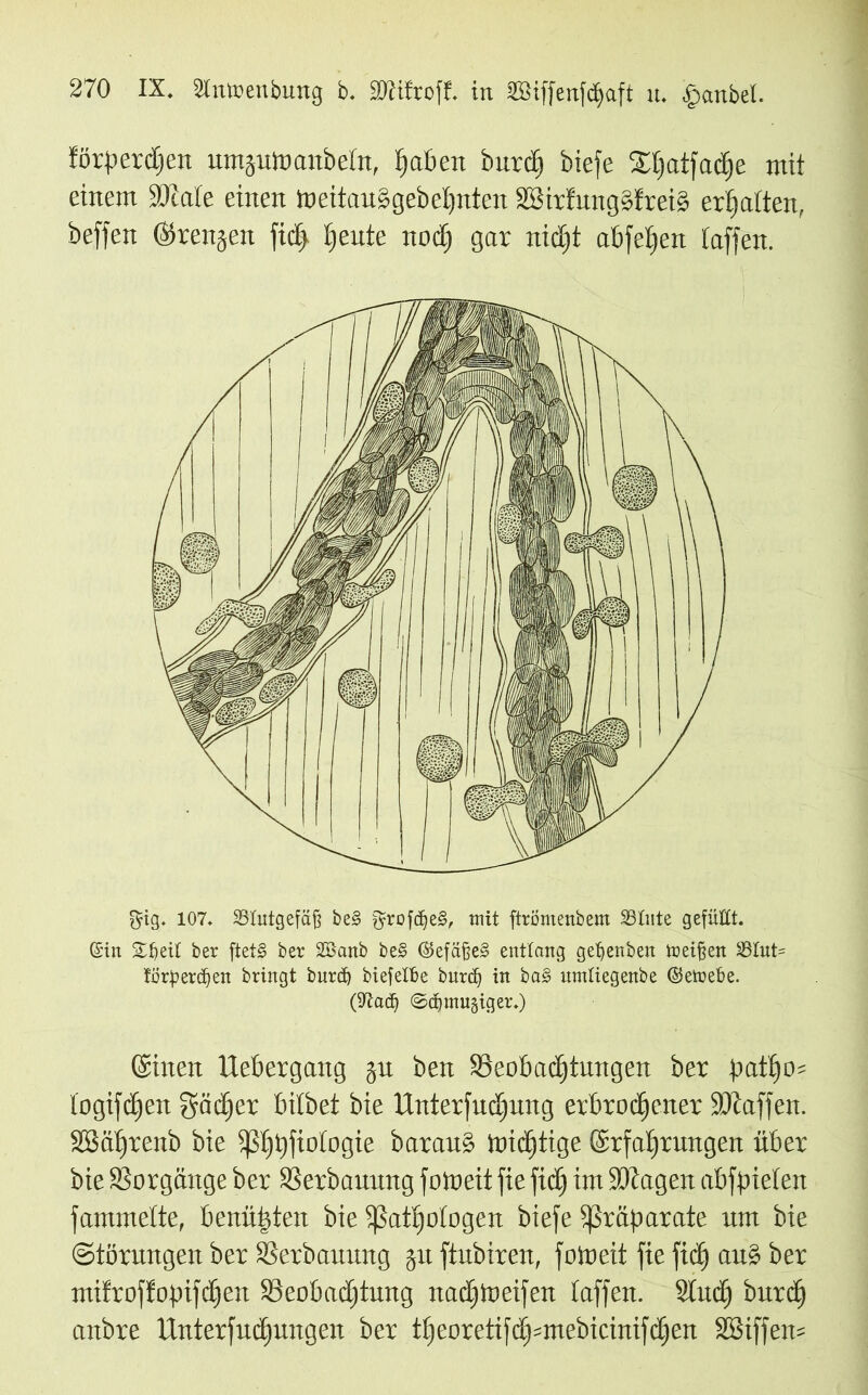 förf>erd)en umpioaubetn, haben burd) biefe Shatfadje mit einem SOZate einen meitauSgebeljnten 2ßirfitngs!rei§ erhalten, beffen ©rengen fidj heute nod) gar nidjt abfelfen (affen. 8rig. 107* SSIntgefäß be§ ^rofd^eS, mit ftröntenbem SBtnte gefügt. ©in STtjeil ber ftet§ ber Söaitb be§ @efäße§ entlang get>enben toeißen SBIut- törperdjen bringt burd) btefelbe burd) in ba§ umliegenbe ©etoebe. (Sftadj ©djmugiger.) ©inen Uebergang gu ben Beobachtungen ber pattjü= togifdjen gädjer bitbet bie Unterfudjung erbrochener föiaffen. SBährenb bie 5]ß^^fiotogie barau§ toichtige ©rfahrungeit über bie Borgänge ber Berbauung fotoeit fie ficf) im SOtagen abfbieten fammette, benähten bie tßattfotogen biefe $ßräf>arate um bie (Störungen ber Berbauung gu ftubiren, fotoeit fie fich aus? ^er mifroffofnfchen Beobachtung naditoeifen taffen. 9tud) burd) anbre Unterfuchungen ber theoretifdjsmebicinifchen SBiffen*