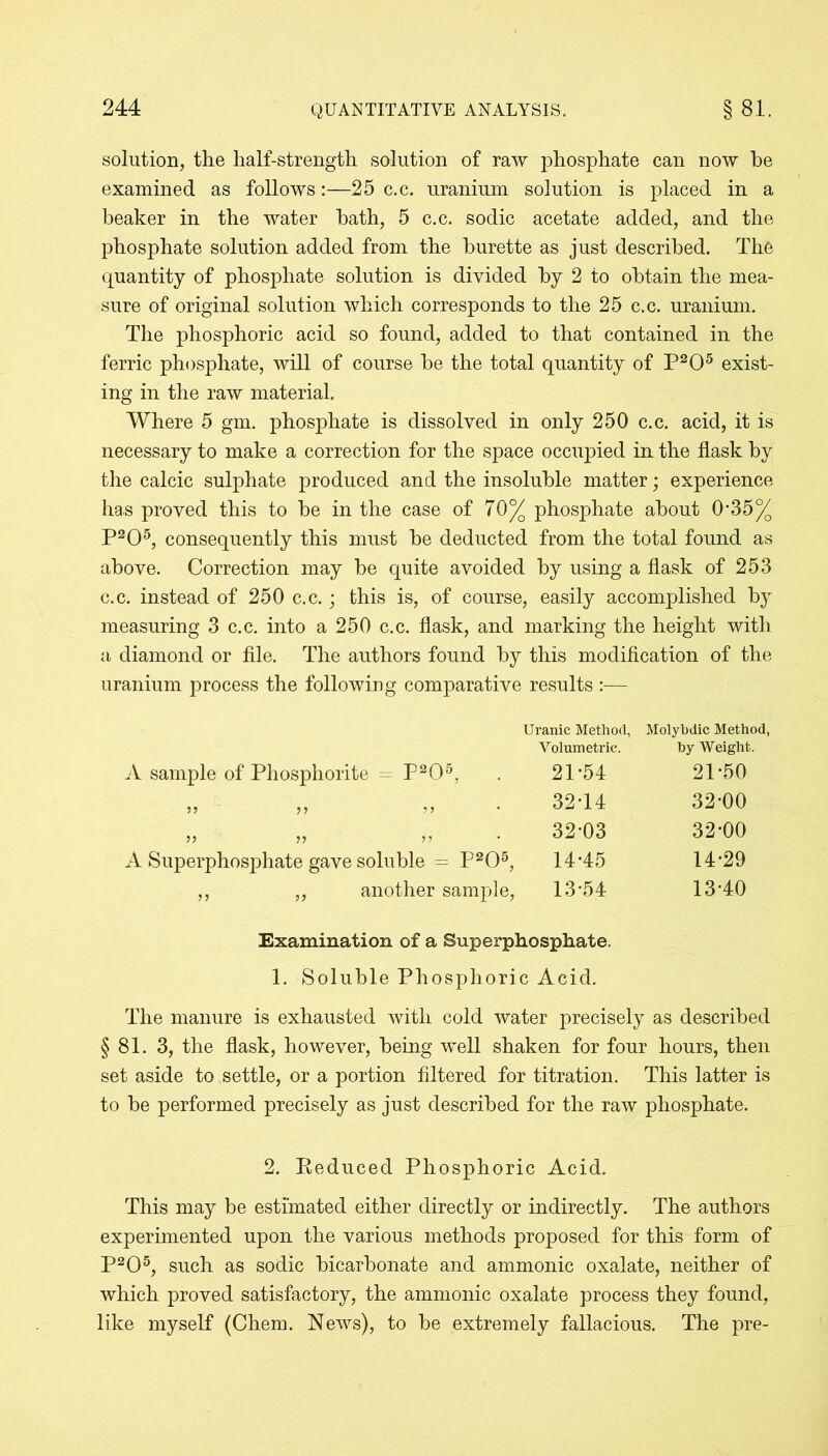 solution, the half-strength solution of raw phosphate can now he examined as follows:—25 c.c. uranium solution is placed in a beaker in the water bath, 5 c.c. sodic acetate added, and the phosphate solution added from the burette as just described. The quantity of phosphate solution is divided by 2 to obtain the mea- sure of original solution which corresponds to the 25 c.c. uranium. The phosphoric acid so found, added to that contained in the ferric phosphate, will of course be the total quantity of P2 * *05 exist- ing in the raw material. Where 5 gm. phosphate is dissolved in only 250 c.c. acid, it is necessary to make a correction for the space occupied in the flask by the calcic sulphate produced and the insoluble matter; experience has proved this to be in the case of 70% phosphate about 0*35% P205, consequently this must be deducted from the total found as above. Correction may be quite avoided by using a flask of 253 c.c. instead of 250 c.c.; this is, of course, easily accomplished by measuring 3 c.c. into a 250 c.c. flask, and marking the height with a diamond or file. The authors found by this modification of the uranium process the following comparative results :— Uranic Method, Molybdic Method, A sample of Phosphorite — P205, Volumetric. 21-54 by Weight. 21-50 n a a 32-14 32-00 a ii a 32-03 32-00 A Superphosphate gave soluble = P205, 14-45 14-29 ,, „ another sample, 13-54 13-40 Examination of a Superphosphate. 1. Soluble Phosphoric Acid. The manure is exhausted with cold water precisely as described § 81. 3, the flask, however, being well shaken for four hours, then set aside to settle, or a portion filtered for titration. This latter is to be performed precisely as just described for the raw phosphate. 2. Reduced Phosphoric Acid. This may be estimated either directly or indirectly. The authors experimented upon the various methods proposed for this form of P205, such as sodic bicarbonate and ammonic oxalate, neither of which proved satisfactory, the ammonic oxalate process they found, like myself (Chem. News), to be extremely fallacious. The pre-