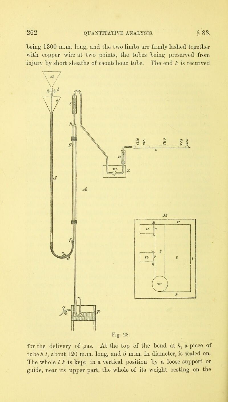 being 1300 m.m. long, and tlie two limbs are firmly lashed together with copper wire at two points, the tubes being preserved from injury by short sheaths of caoutchouc tube. The end h is recurved for the delivery of gas. At the top of the bend at h, a piece of tube/i Z, about 120 m.m. long, and 5 m.m. in diameter, is sealed on. The whole l h is kept in a vertical position by a loose support or guide, near its upper part, the whole of its weight resting on the