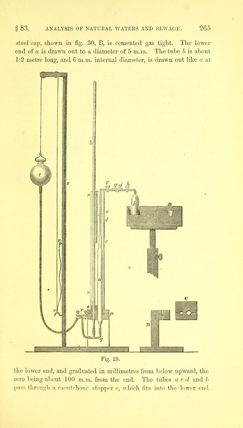 steel cap, shown in fig. 30, B, is cemented gas tight. The lower end of a is drawn out to a diameter of 5 m.m. The tube b is about 1*2 metre long, and 6 m.m. internal diameter, is drawn out like a at the lower end, and graduated in millimetres from below upward, the zero being about 100 m.m. from the end. The tubes a c d and b pass through a caoutchouc stopper o, which fits into the lower end