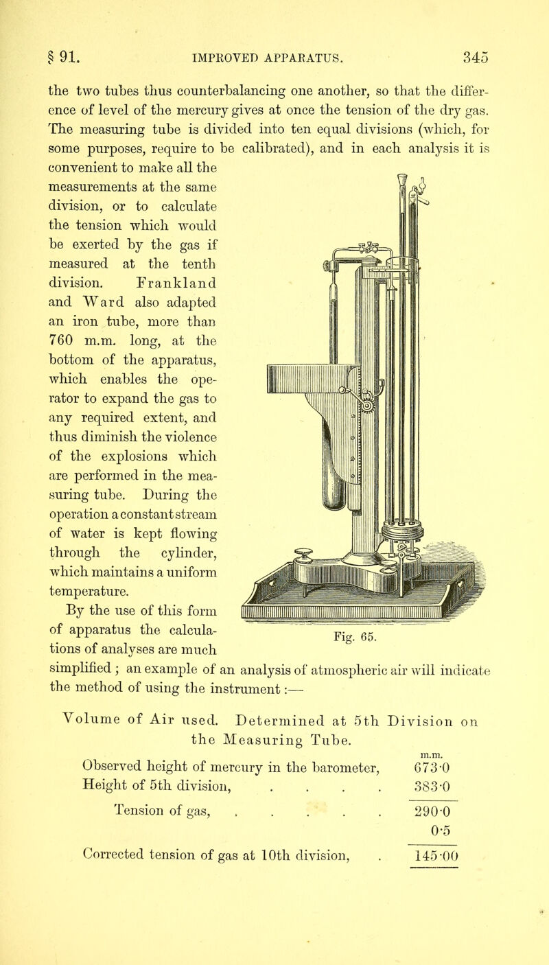 the two tubes thus counterbalancing one another, so that the differ- ence of level of the mercury gives at once the tension of the dry gas. The measuring tube is divided into ten equal divisions (which, for some purposes, require to be calibrated), and in each analysis it is convenient to make all the measurements at the same division, or to calculate the tension which would be exerted by the gas if measured at the tenth division. Frankland and Ward also adapted an iron tube, more than 760 m.m. long, at the bottom of the apparatus, which enables the ope- rator to expand the gas to any required extent, and thus diminish the violence of the explosions which are performed in the mea- suring tube. During the operation a constant stream of water is kept flowing through the cylinder, which maintains a uniform temperature. By the use of this form of apparatus the calcula- tions of analyses are much simplified ; an example of an analysis of atmospheric air will indicate the method of using the instrument:— Volume of Air used. Determined at 5th Division on the Measuring Tube. m.m. Observed height of mercury in the barometer, 673-0 Height of 5th division, .... 383-0 Tension of gas, . . . . . 290-0 0-5 Corrected tension of gas at 10th division, . 145-00