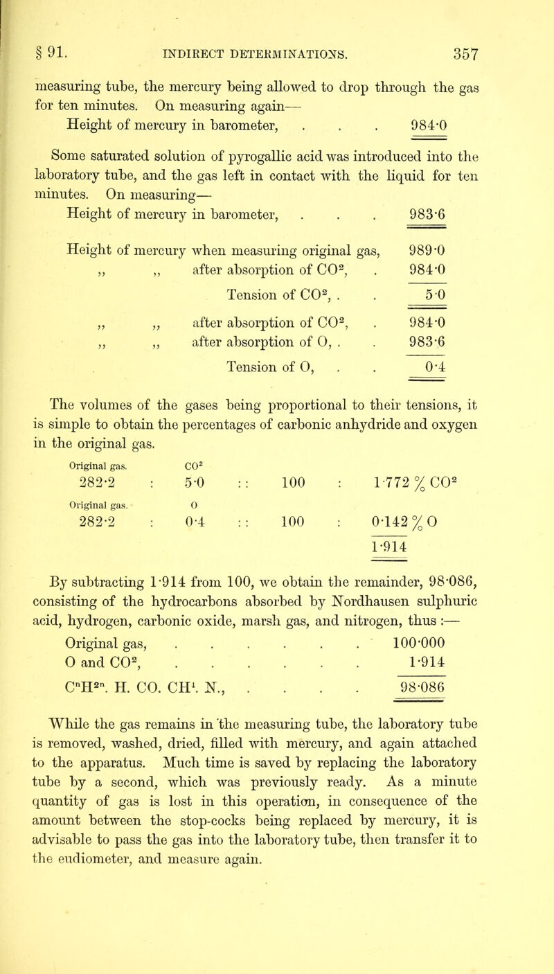 measuring tube, the mercury being allowed to drop through the gas for ten minutes. On measuring again— Height of mercury in barometer, . . . 984-0 Some saturated solution of pyrogallic acid was introduced into the laboratory tube, and the gas left in contact with the liquid for ten minutes. On measuring— Height of mercury in barometer, . . . 983*6 Height of mercury when measuring original gas, 989*0 „ „ after absorption of CO2, . 984*0 Tension of CO2, . . 5*0 „ „ after absorption of CO2, . 984*0 „ „ after absorption of O, . . 983*6 Tension of O, . 0*4 The volumes of the gases being proportional to their tensions, it is simple to obtain the percentages of carbonic anhydride and oxygen in the original gas. Original gas. CO2 282*2 : 5*0 : : 100 : 1*772 % CO2 Original gas. 0 282*2 : 0*4 : : 100 : 0*142 %0 1*914 By subtracting T914 from 100, we obtain the remainder, 98*086, consisting of the hydrocarbons absorbed by Hordhausen sulphuric acid, hydrogen, carbonic oxide, marsh gas, and nitrogen, thus :— Original gas, ...... 100*000 O and CO2, 1*914 CnH2n. H. CO. CH4. K, . . . 98*086 While the gas remains in 'the measuring tube, the laboratory tube is removed, washed, dried, filled with mercury, and again attached to the apparatus. Much time is saved by replacing the laboratory tube by a second, which was previously ready. As a minute quantity of gas is lost in this operation, in consequence of the amount between the stop-cocks being replaced by mercury, it is advisable to pass the gas into the laboratory tube, then transfer it to the eudiometer, and measure again.
