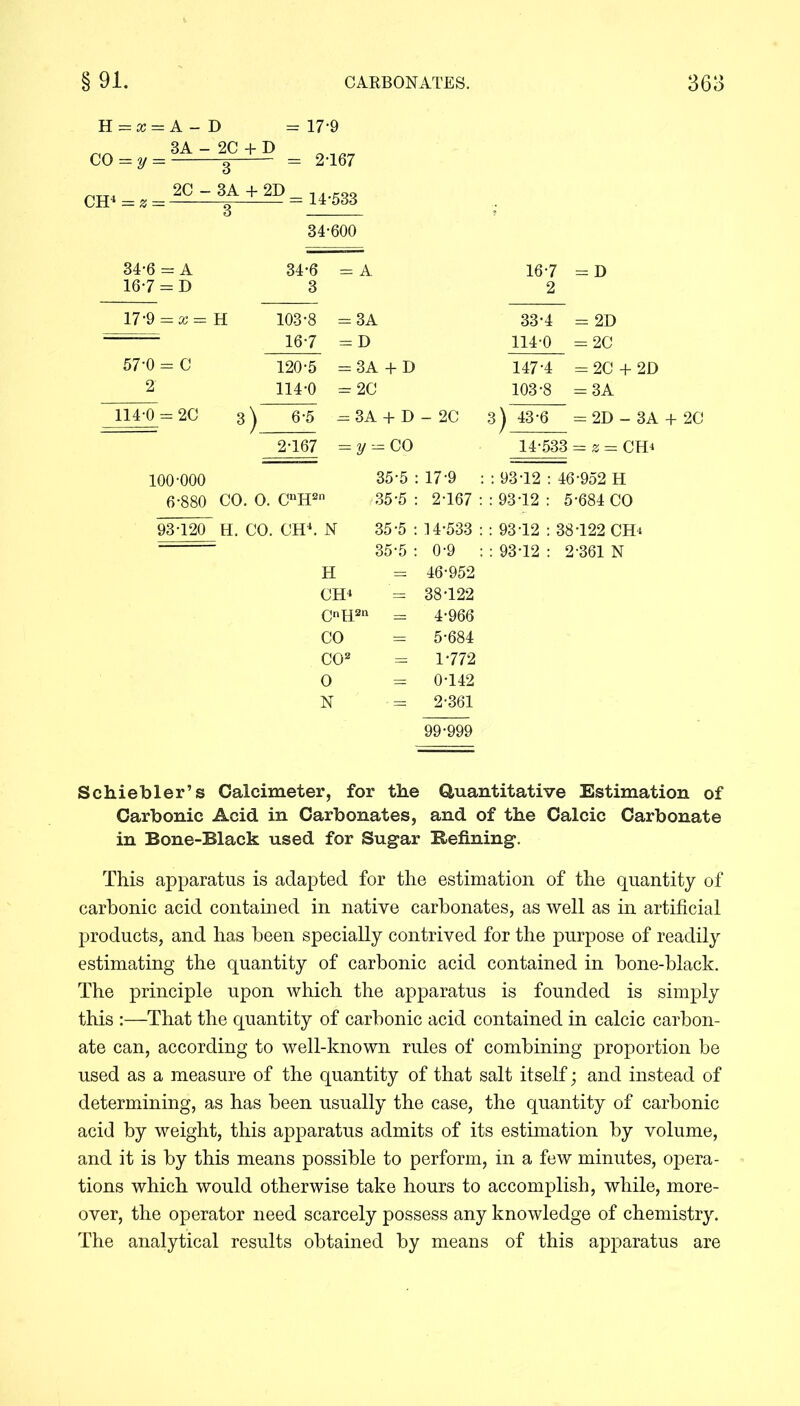 H = x = A - D =17-9 3A - 2C + D II II o o 3 = 2-167 CH. . 20 - 3A + 2D _ 14.533 34-600 34-6 = A 34-6 = A 16-7 = D 3 17-9 — x = H 103-8 = 3A 16-7 = D 57-0 = C 120-5 = 3A + D 2' 114-0 = 2C 114-0 = 2C 3) 6-5 - 3A + D 2-167 —y — GO 100-000 35-5 : 6-880 CO. O. CnH2n 35-5 : 93-120 H. CO. CH4. N 35-5 : QK.K . 35*5 : H CH4 CnH2n = CO CO2 o = N = 16-7 2 = D 33-4 = 2D 114-0 = 2C 147-4 = 2C + 2D 103-8 = 3A - 2C 3) 43-6 = 2D - 3A + 2C 14-533 — z — CH4 17-9 : 93T2 : 46-952 H 2-167 : 93-12 : 5-684 CO 14-533 : 93T2 : 38-122 CH* 0-9 : 93-12 : 2-361 N 46-952 38-122 4- 966 5- 684 1- 772 0-142 2- 361 99-999 Schiebler’s Calcimeter, for the Quantitative Estimation of Carbonic Acid in Carbonates, and of the Calcic Carbonate in Bone-Black used for Sugar defining. This apparatus is adapted for the estimation of the quantity of carbonic acid contained in native carbonates, as well as in artificial products, and has been specially contrived for the purpose of readily estimating the quantity of carbonic acid contained in bone-black. The principle upon which the apparatus is founded is simply this :—That the quantity of carbonic acid contained in calcic carbon- ate can, according to well-known rules of combining proportion be used as a measure of the quantity of that salt itself; and instead of determining, as has been usually the case, the quantity of carbonic acid by weight, this apparatus admits of its estimation by volume, and it is by this means possible to perform, in a few minutes, opera- tions which would otherwise take hours to accomplish, while, more- over, the operator need scarcely possess any knowledge of chemistry. The analytical results obtained by means of this apparatus are