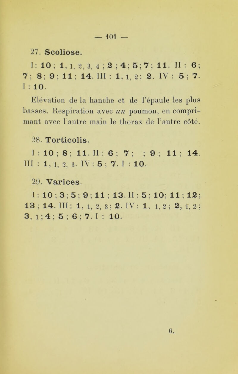 27. Scoliose. I: 10; 1, 1, 2, 3, 4 ; 2 ;4; 5;7; 11. II : 6; 7; 8; 9; 11 ; 14. III : 1, 1, 2; 2. IV: 5 ; 7. I : 10. Elévation de la hanche et de l’épaule les plus basses. Piespiration avec un poumon, en compri- mant avec l’autre main le thorax de l’autre côté. 28. Torticolis. I : 10 ; 8; 11. II : 6 ; 7 ; ; 9 ; 11 ; 14. III : 1,1, 2, 3. IV: 5 ; 7. I : 10. 29. Varices. I : 10 ; 3; 5; 9; 11 ; 13. II : 5; 10; 11 ; 12; 13 ; 14. III: 1, i, 2, 3; 2. IV: 1, l, 2; 2, i, 2; 3, 1 ;4; 5 ; 6 ; 7. I : 10. 6.