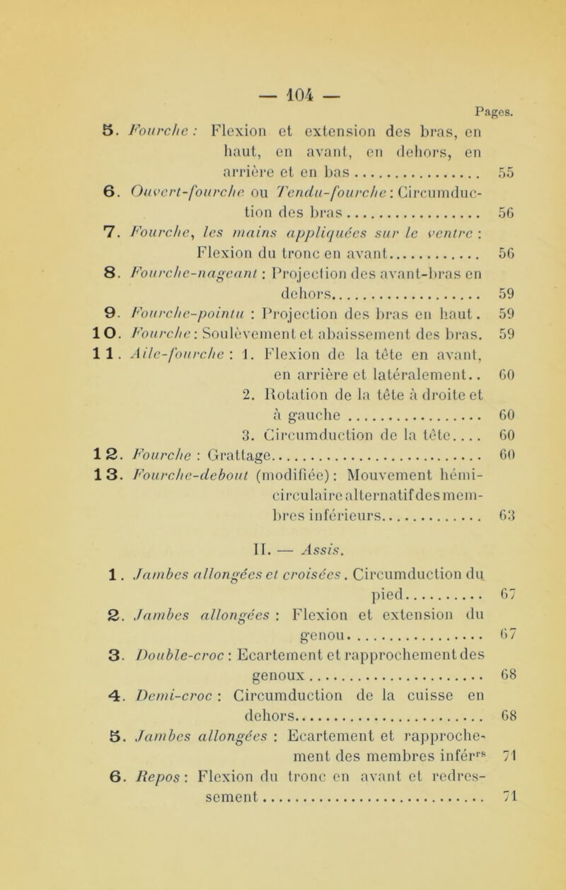 Pages. 5. Fourche: Flexion et extension des bras, en haut, en avant, en dehors, en arrière et en bas .55 6. Ouccrt-foiirclic ou 7'endu-fourche : C'ircumduc- tion des bras 56 7. Fourche^ les mains appliquées sur le ventre ; Flexion du tronc en avant 56 8. Fourche-nageant : Pi'ojeclion des avant-bras en dehors 59 9. Fourche-pointu : l’rojection des bras en liant. 59 10. Fourche-. Soulèvement et abaissement des bras. 59 11. Aile-fourcheJ. Flexion de la tête en avant, en arriérent latéralement.. 60 2. Rotation de la tête à droite et à gauche 60 3. Cii’cumduction de la tête.... 60 1 2. Fourche : Grattage 60 13. Fourche-debout (modifiée): Mouvement hémi- circulai re alternatif des mem- bres inféi-ieurs 63 II. — Assis. 1. .fambes allongées et croisées. Circumduction du pied 67 2. Jambes allongées : Flexion et extension du genou 67 3. Double-croc : Ecartement et rapprochement des genoux 68 4. Demi-croc : Circumduction de la cuisse en dehors 68 5. Jambes allongées : Ecartement et rapproche- ment des membres infér'''' 71 6. llepos: Flexion du tronc on avant et redres- sement 71
