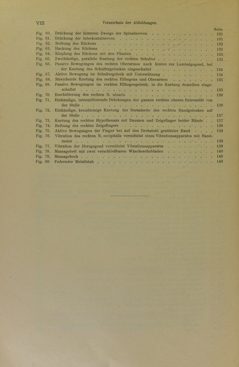Seite Fig. 60. Drückung der hinteren Zweige der Spinalnerven 131 Fig. 61. Drückung der Interkostalnerven 131 Fig. 62. Reibung des Rückens 132 Fig. 63. Hackung des Rückens Fig. 64. Klopfung des Rückens mit den Fäusten 133 Fig. 66. Zweihändige, parallele Knetung der rechten Schulter 133 Fig. 66. Passive Bewegungen des rechten Oberarmes nach hinten zur Lumbalgegend, bei der Knetung des Schultergelenkes eingeschaltet 134 Fig. 67. Aktive Bewegung im Schultergelenk mit Unterstützung 134 Fig. 68. Streichende Knetung des rechten Ellbogens und Oberarmes 135 Fig. 69. Passive Bewegungen im rechten Ellbogengelenk, in die Knetung desselben einge- schaltet 136 Fig. 70. Erschütterung des rechten N. ulnaris 136 Fig. 71. Einhändige, intermittierende Drückungen der ganzen rechten oberen Extremität von der Steile 136 Fig. 72. Einhändige, kreisförmige Knetung der Dorsalseite des rechten Handgelenkes auf der SteUe 137 Fig. 73. Knehmg des rechten Hypothenars mit Daumen und Zeigefinger beider Hände . . 137 Fig. 74. Reibung des rechten Zeigefingers 138 Fig. 76. Aktive Bewegungen der Finger hei auf den Drehstuhl gestützter Hand .... 138 Fig. 76. Vibration des rechten N. occipitalis vermittelst eines Vibrationsapparates mit Hand- motor 139 Fig. 77. Vibration der Herzgegend vermittelst Vibrationsapparates 139 Fig. 78. Massagebett mit zwei verschließbaren Wäscheschubladen 140 Fig. 79. Massagebock 140 Fig. 80. Federnder Metallstab 140