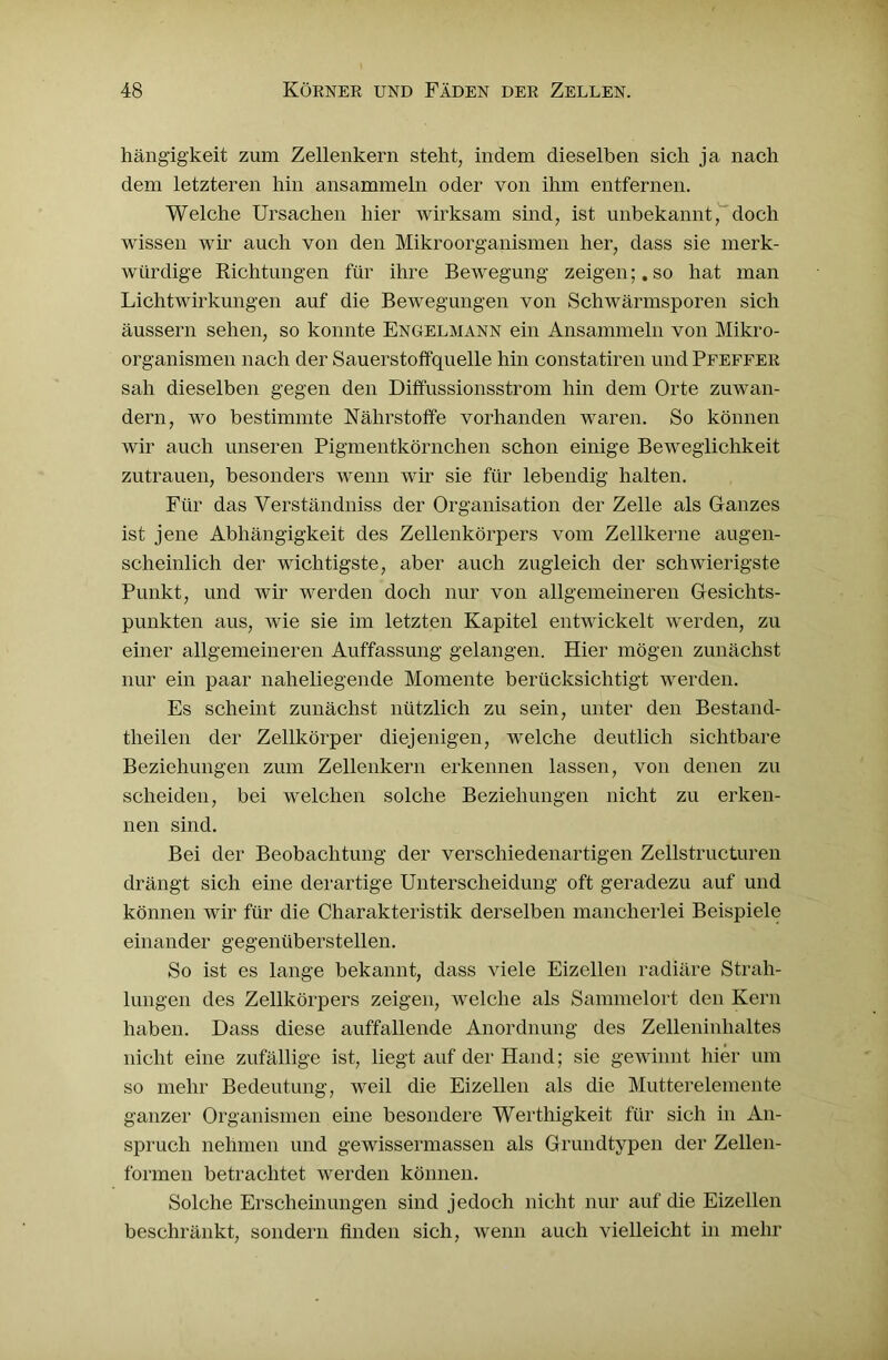 hängigkeit zum Zellenkern steht, indem dieselben sich ja nach dem letzteren hin ansammeln oder von ihm entfernen. Welche Ursachen hier wirksam sind, ist unbekannt, doch wissen wir auch von den Mikroorganismen her, dass sie merk- würdige Richtungen für ihre Bewegung zeigen;.so hat man Lichtwirkungen auf die Bewegungen von Schwärmsporen sich äussern sehen, so konnte Engelmann ein Ansammeln von Mikro- organismen nach der Sauerstoffquelle hin constatiren und Pfeffer sah dieselben gegen den Diffussionsstrom hin dem Orte zuwan- dern, wo bestimmte Nährstoffe vorhanden waren. So können wir auch unseren Pigmentkörnchen schon einige Beweglichkeit Zutrauen, besonders wenn wir sie für lebendig halten. Für das Verständniss der Organisation der Zelle als Ganzes ist jene Abhängigkeit des Zellenkörpers vom Zellkerne augen- scheinlich der wichtigste, aber auch zugleich der schwierigste Punkt, und wir werden doch nur von allgemeineren Gesichts- punkten aus, wie sie im letzten Kapitel entwickelt werden, zu einer allgemeineren Auffassung gelangen. Hier mögen zunächst nur ein paar naheliegende Momente berücksichtigt werden. Es scheint zunächst nützlich zu sein, unter den Bestand- theilen der Zellkörper diejenigen, welche deutlich sichtbare Beziehungen zum Zellenkern erkennen lassen, von denen zu scheiden, bei welchen solche Beziehungen nicht zu erken- nen sind. Bei der Beobachtung der verschiedenartigen Zellstructuren drängt sich eine derartige Unterscheidung oft geradezu auf und können wir für die Charakteristik derselben mancherlei Beispiele einander gegenüberstellen. So ist es lange bekannt, dass viele Eizellen radiäre Strah- lungen des Zellkörpers zeigen, welche als Sammelort den Kern haben. Dass diese auffallende Anordnung des Zelleninhaltes nicht eine zufällige ist, liegt auf der Hand; sie gewinnt hier um so mehr Bedeutung, weil die Eizellen als die Mutterelemente ganzer Organismen eine besondere Werthigkeit für sich in An- spruch nehmen und gewissermassen als Grundtypen der Zellen- formen betrachtet werden können. Solche Erscheinungen sind jedoch nicht nur auf die Eizellen beschränkt, sondern finden sich, wenn auch vielleicht in mehr