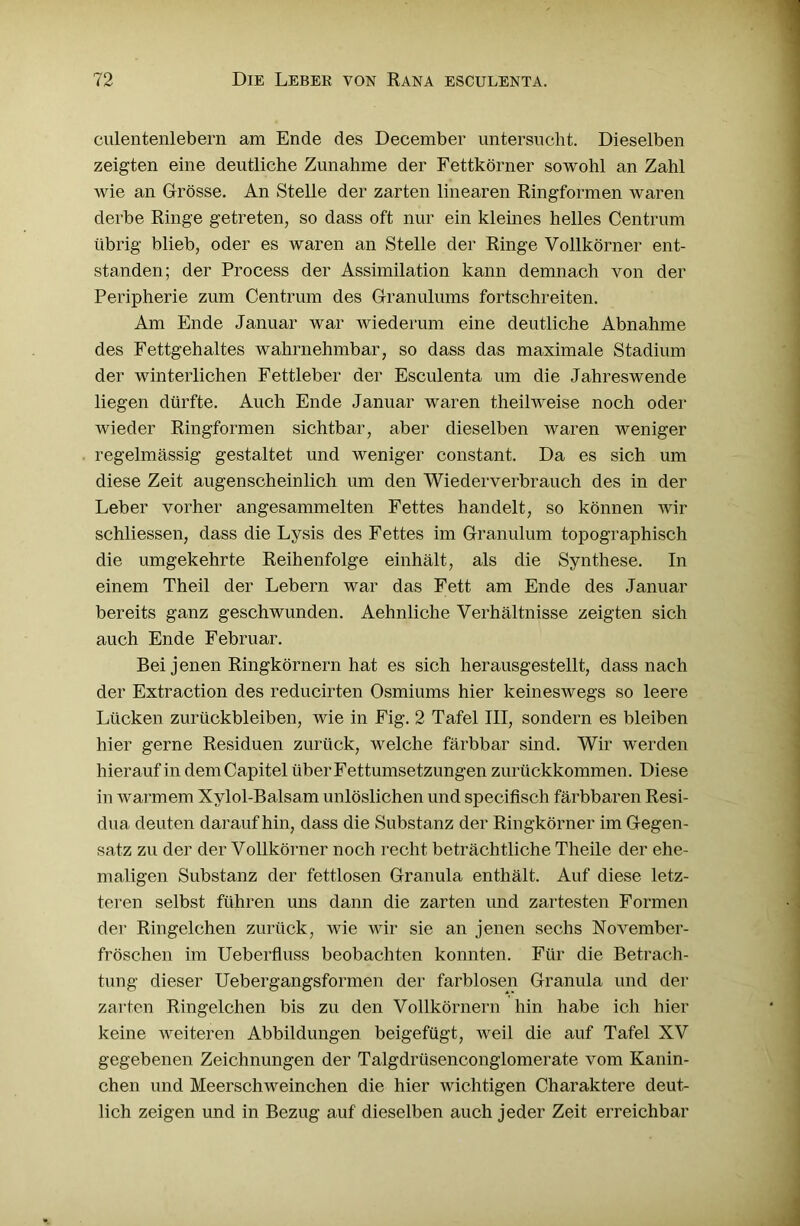 culentenlebern am Ende des December untersucht. Dieselben zeigten eine deutliche Zunahme der Fettkörner sowohl an Zahl wie an Grösse. An Stelle der zarten linearen Ringformen waren derbe Ringe getreten, so dass oft nur ein kleines helles Centrum übrig blieb, oder es waren an Stelle der Ringe Vollkörner ent- standen; der Process der Assimilation kann demnach von der Peripherie zum Centrum des Granulums fortschreiten. Am Ende Januar war wiederum eine deutliche Abnahme des Fettgehaltes wahrnehmbar, so dass das maximale Stadium der winterlichen Fettleber der Esculenta um die Jahreswende liegen dürfte. Auch Ende Januar waren theilweise noch oder wieder Ringformen sichtbar, aber dieselben waren weniger regelmässig gestaltet und weniger constant. Da es sich um diese Zeit augenscheinlich um den Wiederverbrauch des in der Leber vorher angesammelten Fettes handelt, so können wir schliessen, dass die Lysis des Fettes im Granulum topographisch die umgekehrte Reihenfolge einhält, als die Synthese. In einem Theil der Lebern war das Fett am Ende des Januar bereits ganz geschwunden. Aehnliclie Verhältnisse zeigten sich auch Ende Februar. Bei jenen Ringkörnern hat es sich herausgestellt, dass nach der Extraction des reducirten Osmiums hier keineswegs so leere Lücken Zurückbleiben, wie in Fig. 2 Tafel III, sondern es bleiben hier gerne Residuen zurück, welche färbbar sind. Wir werden hierauf in demCapitel überFettumsetzungen zurückkommen. Diese in warmem Xylol-Balsam unlöslichen und specifisch färbbaren Resi- dua deuten daraufhin, dass die Substanz der Ringkörner im Gegen- satz zu der der Vollkörner noch recht beträchtliche Theile der ehe- maligen Substanz der fettlosen Granula enthält. Auf diese letz- teren selbst führen uns dann die zarten und zartesten Formen der Ringelchen zurück, wie wir sie an jenen sechs November- fröschen im Ueberfluss beobachten konnten. Für die Betrach- tung dieser Uebergangsformen der farblosen Granula und der zarten Ringelchen bis zu den Vollkörnern hin habe ich hier keine weiteren Abbildungen beigefügt, weil die auf Tafel XV gegebenen Zeichnungen der Talgdrüsenconglomerate vom Kanin- chen und Meerschweinchen die hier wichtigen Charaktere deut- lich zeigen und in Bezug auf dieselben auch jeder Zeit erreichbar