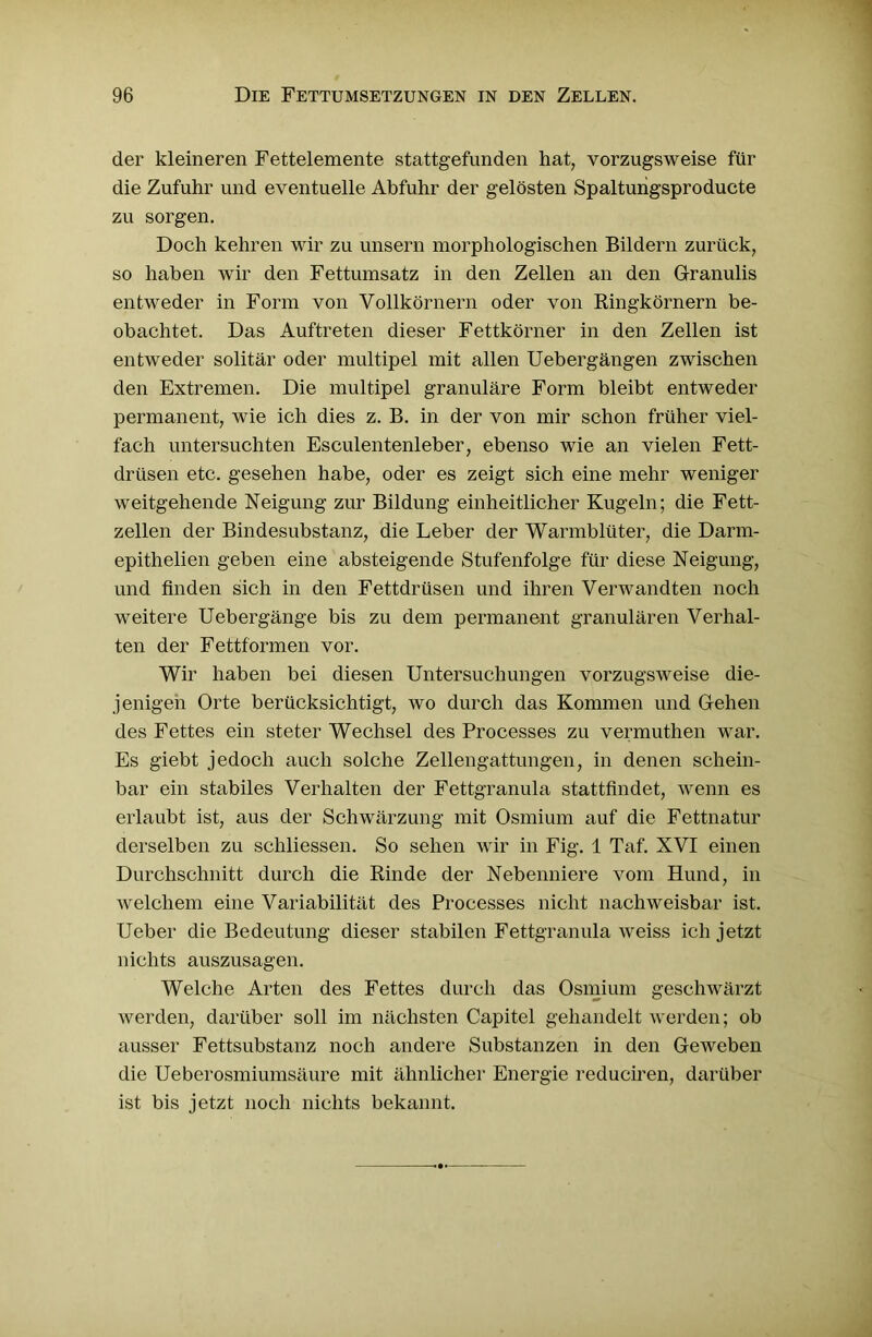 der kleineren Fettelemente stattgefunden hat, vorzugsweise für die Zufuhr und eventuelle Abfuhr der gelösten Spaltungsproducte zu sorgen. Doch kehren wir zu unsern morphologischen Bildern zurück, so haben wir den Fettumsatz in den Zellen an den Granulis entweder in Form von Vollkörnern oder von Ringkörnern be- obachtet. Das Auftreten dieser Fettkörner in den Zellen ist entweder solitär oder multipel mit allen Uebergängen zwischen den Extremen. Die multipel granuläre Form bleibt entweder permanent, wie ich dies z. B. in der von mir schon früher viel- fach untersuchten Esculentenleber, ebenso wie an vielen Fett- drüsen etc. gesehen habe, oder es zeigt sich eine mehr weniger weitgehende Neigung zur Bildung einheitlicher Kugeln; die Fett- zellen der Bindesubstanz, die Leber der Warmblüter, die Darm- epithelien geben eine absteigende Stufenfolge für diese Neigung, und finden sich in den Fettdrüsen und ihren Verwandten noch weitere Uebergänge bis zu dem permanent granulären Verhal- ten der Fettformen vor. Wir haben bei diesen Untersuchungen vorzugsweise die- jenigen Orte berücksichtigt, wo durch das Kommen und Gehen des Fettes ein steter Wechsel des Processes zu vermuthen war. Es giebt jedoch auch solche Zellengattungen, in denen schein- bar ein stabiles Verhalten der Fettgranula stattfindet, wenn es erlaubt ist, aus der Schwärzung mit Osmium auf die Fettnatur derselben zu schliessen. So sehen wir in Fig. 1 Taf. XVI einen Durchschnitt durch die Rinde der Nebenniere vom Hund, in welchem eine Variabilität des Processes nicht nachweisbar ist. Ueber die Bedeutung dieser stabilen Fettgranula weiss ich jetzt nichts auszusagen. Welche Arten des Fettes durch das Osmium geschwärzt werden, darüber soll im nächsten Capitel gehandelt werden; ob ausser Fettsubstanz noch andere Substanzen in den Geweben die Ueberosmiumsäure mit ähnlicher Energie reduciren, darüber ist bis jetzt noch nichts bekannt.