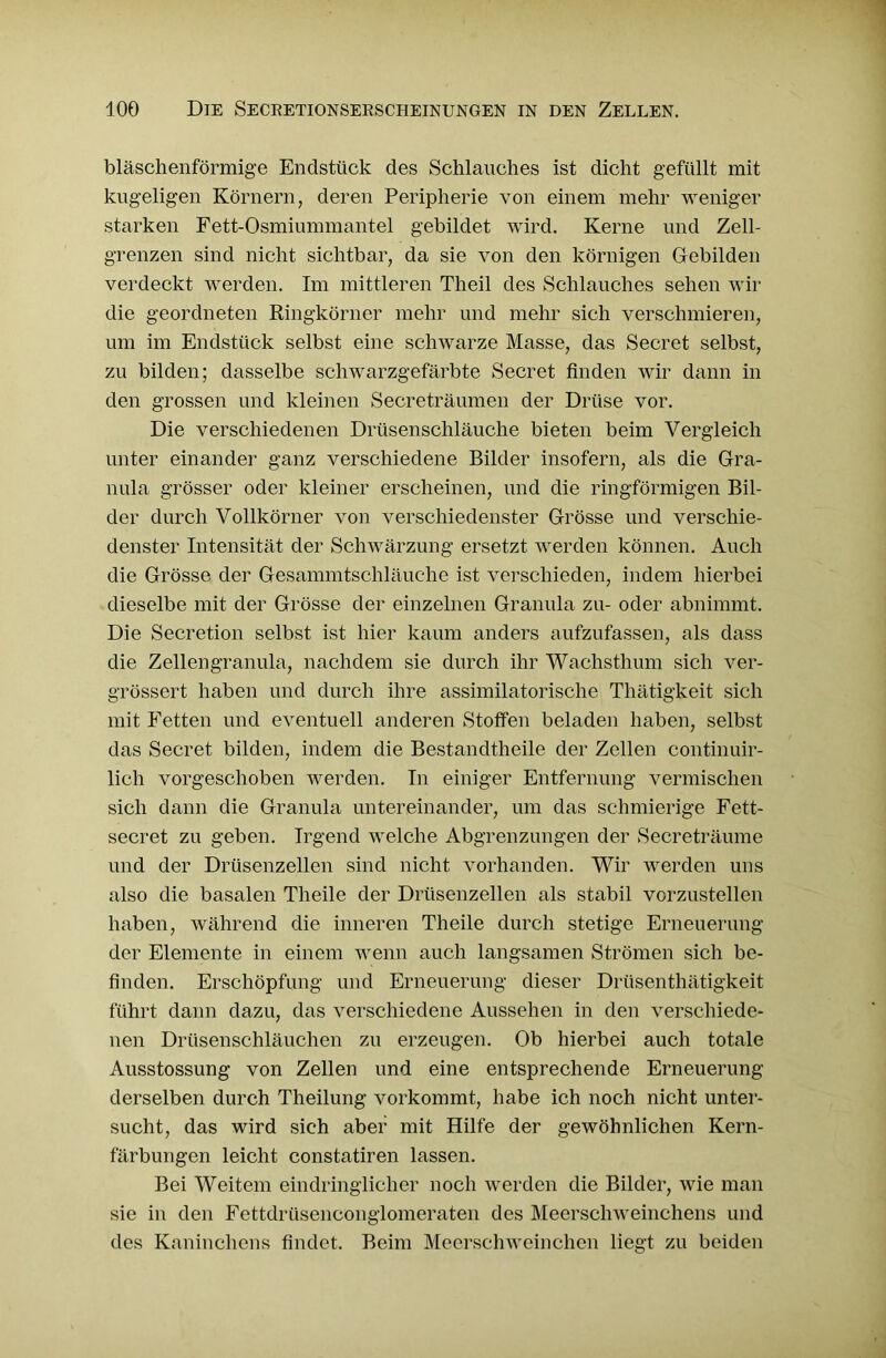 bläschenförmige Endstück des Schlauches ist dicht gefüllt mit kugeligen Körnern, deren Peripherie von einem mehr weniger starken Fett-Osmiunnnantel gebildet wird. Kerne und Zell- grenzen sind nicht sichtbar, da sie von den körnigen Gebilden verdeckt werden. Im mittleren Theil des Schlauches sehen wir die geordneten Ringkörner mehr und mehr sich verschmieren, um im Endstück selbst eine schwarze Masse, das Secret selbst, zu bilden; dasselbe schwarzgefärbte Secret finden wir dann in den grossen und kleinen Secreträumen der Drüse vor. Die verschiedenen Drüsenschläuche bieten beim Vergleich unter einander ganz verschiedene Bilder insofern, als die Gra- nula grösser oder kleiner erscheinen, und die ringförmigen Bil- der durch Vollkörner von verschiedenster Grösse und verschie- denster Intensität der Schwärzung ersetzt werden können. Auch die Grösse der Gesammtschläuche ist verschieden, indem hierbei dieselbe mit der Grösse der einzelnen Granula zu- oder abnimmt. Die Secretion selbst ist hier kaum anders aufzufassen, als dass die Zellengranula, nachdem sie durch ihr Wachsthum sich ver- grössert haben und durch ihre assimilatorische Thätigkeit sich mit Fetten und eventuell anderen Stoffen beladen haben, selbst das Secret bilden, indem die Bestandtheile der Zellen continuir- lich vorgeschoben werden. In einiger Entfernung vermischen sich dann die Granula untereinander, um das schmierige Fett- secret zu geben. Irgend welche Abgrenzungen der Secreträume und der Drüsenzellen sind nicht vorhanden. Wir werden uns also die basalen Theile der Drüsenzellen als stabil vorzustellen haben, während die inneren Theile durch stetige Erneuerung der Elemente in einem wenn auch langsamen Strömen sich be- finden. Erschöpfung und Erneuerung dieser Drüsenthätigkeit führt dann dazu, das verschiedene Aussehen in den verschiede- nen Drüsenschläuchen zu erzeugen. Ob hierbei auch totale Ausstossung von Zellen und eine entsprechende Erneuerung derselben durch Theilung vorkommt, habe ich noch nicht unter- sucht, das wird sich aber mit Hilfe der gewöhnlichen Kern- färbungen leicht constatiren lassen. Bei Weitem eindringlicher noch werden die Bilder, wie man sie in den Fettdrüsenconglomeraten des Meerschweinchens und des Kaninchens findet. Beim Meerschweinchen liegt zu beiden