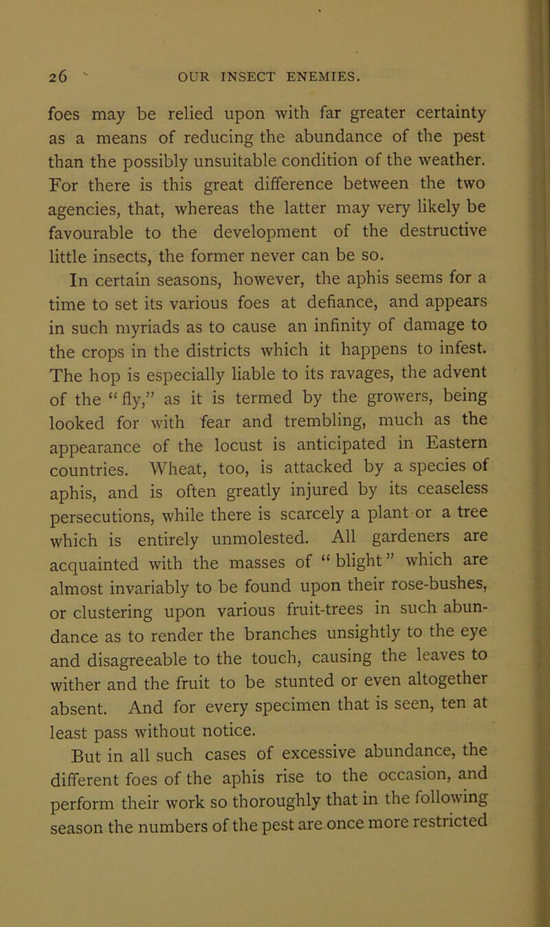 foes may be relied upon with far greater certainty as a means of reducing the abundance of the pest than the possibly unsuitable condition of the weather. For there is this great difference between the two agencies, that, whereas the latter may very likely be favourable to the development of the destructive little insects, the former never can be so. In certain seasons, however, the aphis seems for a time to set its various foes at defiance, and appears in such myriads as to cause an infinity of damage to the crops in the districts which it happens to infest. The hop is especially liable to its ravages, the advent of the “ fly,” as it is termed by the growers, being looked for with fear and trembling, much as the appearance of the locust is anticipated in Eastern countries. Wheat, too, is attacked by a species of aphis, and is often greatly injured by its ceaseless persecutions, while there is scarcely a plant or a tree which is entirely unmolested. All gardeners are acquainted with the masses of “ blight ” which are almost invariably to be found upon their rose-bushes, or clustering upon various fruit-trees in such abun- dance as to render the branches unsightly to the eye and disagreeable to the touch, causing the leaves to wither and the fruit to be stunted or even altogether absent. And for every specimen that is seen, ten at least pass without notice. But in all such cases of excessive abundance, the different foes of the aphis rise to the occasion, and perform their work so thoroughly that in the following season the numbers of the pest are once more restricted