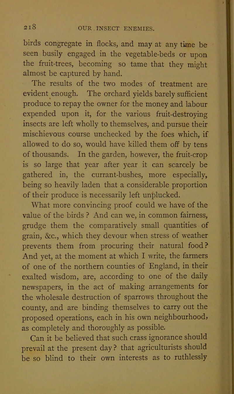 birds congregate in flocks, and may at any time be seen busily engaged in the vegetable-beds or upon the fruit-trees, becoming so tame that they might almost be captured by hand. The results of the two modes of treatment are evident enough. The orchard yields barely sufficient produce to repay the owner for the money and labour expended upon it, for the various fruit-destroying insects are left wholly to themselves, and pursue their mischievous course unchecked by the foes which, if allowed to do so, would have killed them off by tens of thousands. In the garden, however, the fruit-crop is so large that year after year it can scarcely be gathered in, the currant-bushes, more especially, being so heavily laden that a considerable proportion of their produce is necessarily left unplucked. What more convincing proof could we have of the value of the birds ? And can we, in common fairness, grudge them the comparatively small quantities of grain, &c., which they devour when stress of weather prevents them from procuring their natural food? And yet, at the moment at which I write, the farmers of one of the northern counties of England, in their exalted wisdom, are, according to one of the daily newspapers, in the act of making arrangements for the wholesale destruction of sparrows throughout the county, and are binding themselves to carry out the proposed operations, each in his own neighbourhood > as completely and thoroughly as possible. Can it be believed that such crass ignorance should prevail at the present day ? that agriculturists should be so blind to their own interests as to ruthlessly