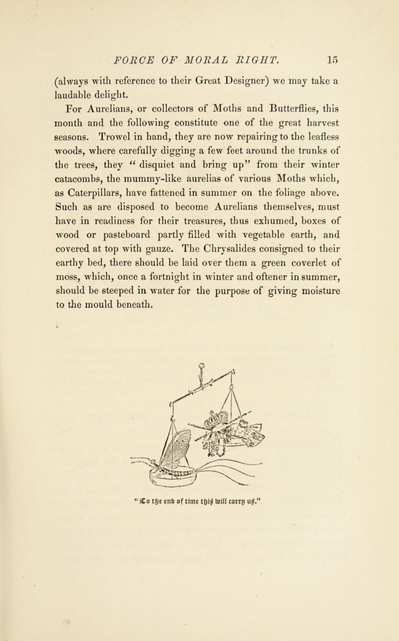 (always with reference to their Great Designer) we may take a laudable delight. For Aurelians, or collectors of Moths and Butterflies, this month and the following constitute one of the great harvest seasons. Trowel in hand, they are now repairing to the leafless woods, where carefully digging a few feet around the trunks of the trees, they disquiet and bring up’’ from their wdnter catacombs, the mummy-like aurelias of various Moths which, as Caterpillars, have fattened in summer on the foliage above. Such as are disposed to become Aurelians themselves, must have in readiness for their treasures, thus exhumed, boxes of w'ood or pasteboard partly filled with vegetable earth, and covered at top with gauze. The Chrysalides consigned to their earthy bed, there should be laid over them a green coverlet of moss, which, once a fortnight in winter and oftener in summer, should be steeped in water for the purpose of giving moisture to tlie mould beneath.  Co tDe call of time tDi^ toUl cacrp u|.”