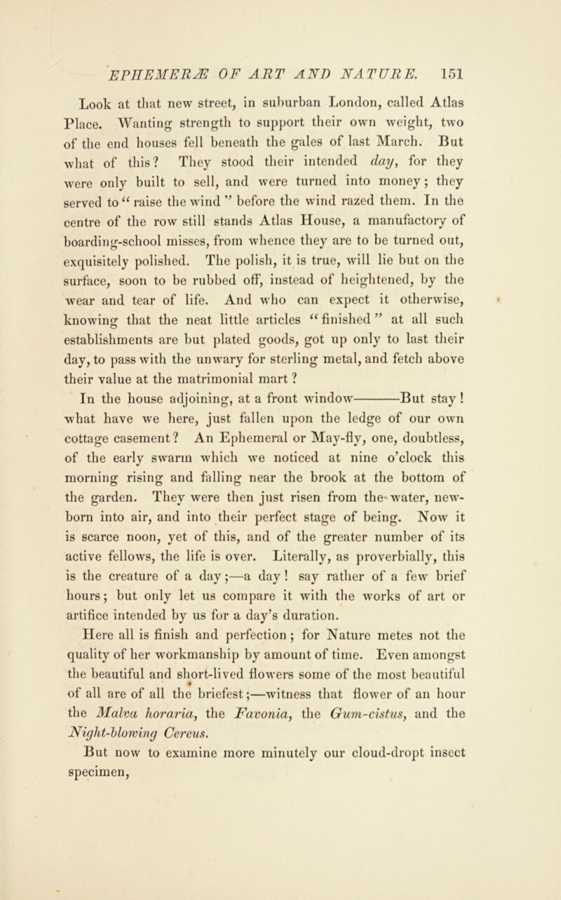 Look at that new street, in suburban London, called Atlas Place. Wanting strength to support their own weight, two of the end houses fell beneath the gales of last March. But what of this? They stood their intended day, for they were only built to sell, and were turned into money; they served to raise the wind ” before the wind razed them. In the centre of the row still stands Atlas House, a manufactory of boarding-school misses, from whence they are to be turned out, exquisitely polished. The polish, it is true, will lie but on the surface, soon to be rubbed off, instead of heightened, by the wear and tear of life. And who can expect it otherwise, knowing: that the neat little articles finished ” at all such establishments are but plated goods, got up only to last their day, to pass with the unwary for sterling metal, and fetch above their value at the matrimonial mart ? In the house adjoining, at a front window But stay! what have we here, just fallen upon the ledge of our own cottage casement? An Ephemeral or May-fly, one, doubtless, of the early swarm which we noticed at nine o’clock this morning rising and falling near the brook at the bottom of the garden. They were then just risen from the* water, new- born into air, and into their perfect stage of being. Now it is scarce noon, yet of this, and of the greater number of its active fellows, the life is over. Literally, as proverbially, this is the creature of a day;—a day ! say rather of a few brief hours; but only let us compare it with the works of art or artifice intended by us for a day’s duration. Here all is finish and perfection ; for Nature metes not the quality of her workmanship by amount of time. Even amongst the beautiful and short-lived flowers some of the most beautiful of all are of all the briefest;—witness that flower of an hour the Malva horaria, the Favonia, the Gum-cistus, and the Night-hlowing Cereus. But now to examine more minutely our cloud-dropt insect specimen.