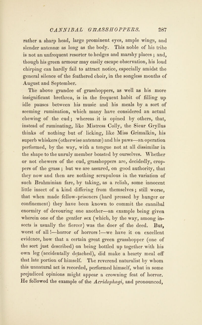 rather a sharp head, large prominent eyes, ample wings, and slender antennae as long as the body. This noble of his tribe is not an unfrequent resorter to hedges and marshy places ; and, though his green armour may easily escape observation, his loud chirping can hardly fail to attract notice, especially amidst the general silence of the feathered choir, in the songless months of August and September. The above grandee of grasshoppers, as well as his more insignificant brethren, is in the frequent habit of filling up idle pauses between his music and his meals by a sort of seeming rumination, which many have considered an actual chewing of the cud; whereas it is opined by others, that, instead of ruminating, like Mistress Colly, the Sieur Gryllus thinks of nothing but of licking, like Miss Grimalkin, his superb whiskers (otherwise antennae) and his paw's—an operation performed, by the way, with a tongue not at all dissimilar in the shape to the unruly member boasted by ourselves. Whether or not chewers of the cud, grasshoppers are, decidedly, crop- pers of the grass ; but we are assured, on good authority, that they now and then are nothing scrupulous in the variation of such Brahminian fare, by taking, as a relish, some innocent little insect of a kind differing from themselves ; still worse, that when made fellow-prisoners (hard pressed by hunger or confinement) they have been known to commit the cannibal enormity of devouring one another—an example being given wherein one of the gentler sex (which, by the way, among in- sects is usually the fiercer) was the doer of the deed. But, worst of all !—horror of horrors !—w'e have it on excellent evidence, how that a certain great green grasshopper (one of the sort just described) on being bottled up together with his own leg (accidentally detached), did make a hearty meal off that late portion of himself. The reverend naturalist by wdiom this unnatural act is recorded, performed himself, what in some prejudiced opinions might appear a crowning feat of horror. He followed the example of the Acridophogiy and pronounced,