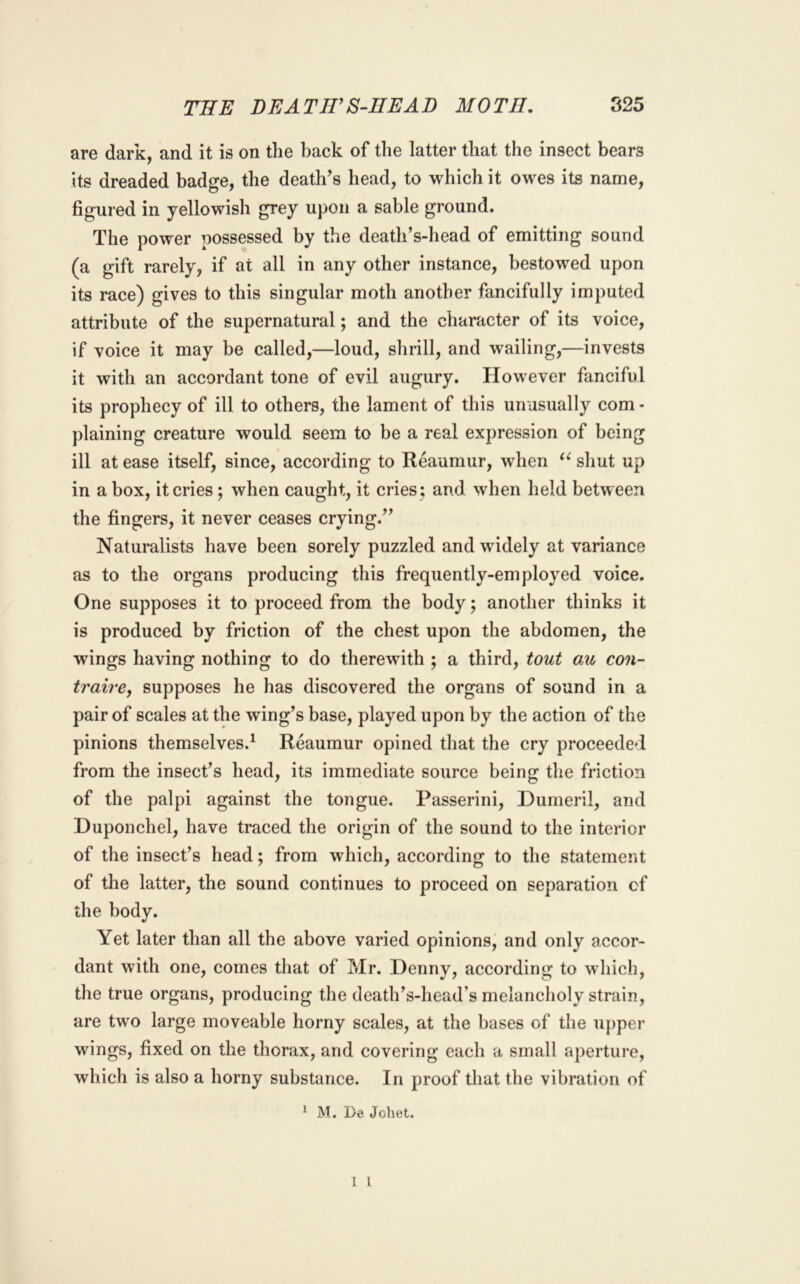 are dark, and it is on the back of the latter that the insect bears its dreaded badge, the death’s head, to which it owes its name, figured in yellowish grey upon a sable ground. The power possessed by the death’s-head of emitting sound (a gift rarely, if at all in any other instance, bestowed upon its race) gives to this singular moth another fancifully imputed attribute of the supernatural; and the character of its voice, if voice it may be called,—loud, shrill, and wailing,—invests it with an accordant tone of evil augury. However fanciful its prophecy of ill to others, the lament of this unusually com - plaining creature would seem to be a real expression of being ill at ease itself, since, according to Reaumur, when shut up in a box, it cries; when caught, it cries ; and when held between the fingers, it never ceases crying.” Naturalists have been sorely puzzled and widely at variance as to the organs producing this frequently-employed voice. One supposes it to proceed from the body; another thinks it is produced by friction of the chest upon the abdomen, the wings having nothing to do therewith ; a third, tout au con- traire, supposes he has discovered the organs of sound in a pair of scales at the wing’s base, played upon by the action of the pinions themselves.^ Reaumur opined that the cry proceeded from the insect’s head, its immediate source being the friction of the palpi against the tongue. Passerini, Dumeril, and Duponchel, have traced the origin of the sound to the interior of the insect’s head; from which, according to the statement of the latter, the sound continues to proceed on separation cf the body. Yet later than all the above varied opinions, and only accor- dant with one, comes that of Mr. Denny, according to which, the true organs, producing the death’s-head’s melancholy strain, are two large moveable horny scales, at the bases of the upper wings, fixed on the thorax, and covering each a small aperture, which is also a horny substance. In proof that the vibration of ‘ M. De Johet.