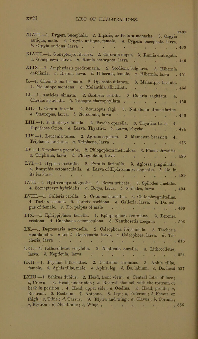 XLVII.—1. Pygffira bucephala. 2. Liparis, or Psilura monacha. 3. Orgyia antiqua, male. 4. Orgyia antiqm, female, a. Pygsera bucephala, larva. b. Orgyia antiqua, larva —!• Gonepteryx libatrix. 2. Catocala nupta. 3. Eumia cratsegata. a, Gonepteryx, larva, b, Eumia cratsegata, larva 449 XUX.—1. Amphydasis prodromaria. 2. Scodiona bolgiaria. 3. Hibernia defoliaria. a. Biston, larva, b. Hibernia, female, c. Hibernia, larva . 451 L.—1. Cheimatobia brumata. 2. Oporabia dilatata. 3. Melanippe hastata. 4. Melanippe montana. 5. Melanthia albiciUata . • . . . 455 LI.—1. Anticlea sinuata. 2. Scotosia certata, 3. Cidaria sagittata. 4. Chesias spartiata. 5. Tanagra chserophyllata 459 LII.—1. Cerura furcula. 2. Stauropus fagi. 3. Notodonta dromedarius. a. Stauropus, larva, b. Notodonta, larva 466 Lin.—1. Platepteryx falcula. 2. Psyche opacella. 3. Thyatira batis. 4. Diphthera Orion, a. Larva, Thyatira. b. Larva, Psyche . . . 474 LIV.—1. Leucania turca. 2. Agrotis segetum. 3. Mamestra brassicae. 4. Tripheena janthina. a. Triphsena, larva ....... 476 LV.—1. Tryphsenapronuba. 2. Phlogophora meticulosa. 3. Plusia chiysitis. a, Triphsena, larva, b, Phlogophora, larva ...... 480 LVI.—1. Hypena rostralis. 2. Pyralis farinalis. 3. Aglossa pinguinalis. 4. Ennychia octomaculalis. a. Larva of Hydrocampa stagnalis. b. Do. in its leaf-case LVII.—1. Hydrocampa stagnalis. 2. Botys urticata. 3. Spilodes cinctalis. 4. Stenepteryx hybridalis. a. Botys, larva, b. Spilodes, larva . . 494 LVin.—1. Galleria cerella. 2. Crambus hamellus. 3. Chilo phragmitellus. 4. Tortrix costana. 5. Tortrix sorbiana. a. Galleria, larva, b. Do. pal- pus of female, c. Do. palpus of male 499 LIX.—1. Ephippiphora faenella. 1. Ephippiphora scutulana. 3. Peronea cristana. 4. Cnephasia octomaculana. 6, Xanthosetia zoegana , . 506 LX.—1. Depressaria nervoseUa. 2. Coleophora ibipennella. 3. Tischeria complanella. a and b. Depressaria, larva, c. Coleophora, larva, d. Tis- cheria, larva LXI.— 1. LithocoUetes corylella. 2. Neptieula aurella. a. LithocoUetes, larva, b, Neptieula, larva 524 LXII.—1. Ptyelus bifasciatus. 2. Centrotus cornutus. 3. Aphis tilice, female. 4. Aphis tiliae, male. a. Aphis, leg. b. Do. labium, c. Do. head 637 LXIII.—1. Sehirus dubius. 2. Head, front view; a, Central lobe efface; b, Crown. 3. Head, under side ; a, Eostral channel, with the rostrum or beak in position. , 4. Head, upper side; a, Ocellus. 5. Head, profile; a, Rostrum. 6. Rostnim. 7, Antonna. 8. Leg ; a. Fulcrum ; b, Femur, or thigh ; 0, Tibia; d. Tarsus. 9. Elytra and wing; a, Clavus ; b, Corium; c, Elytron ; d, Membrane ; e. Wing 556