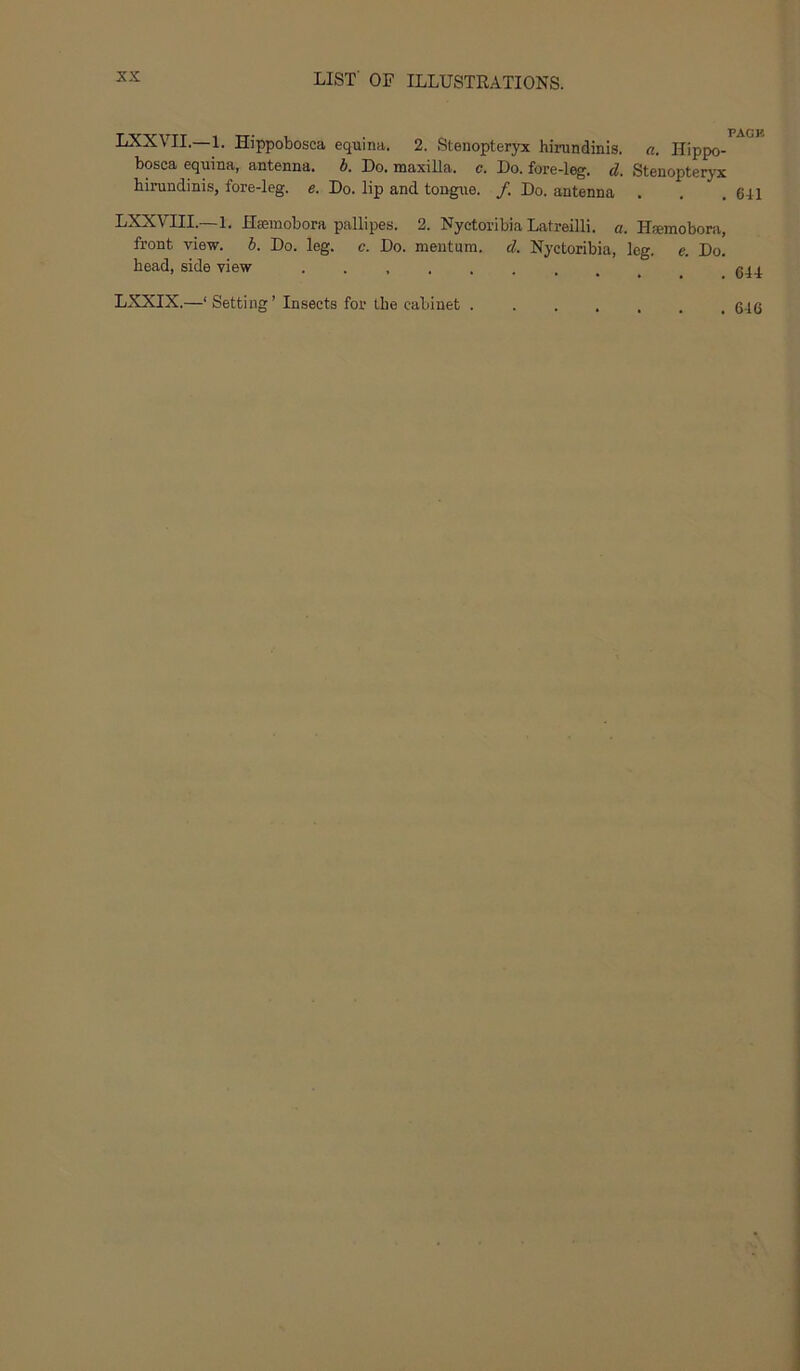 LXXVII.—1. Hippobosca equina. 2. Stenopteryx hirundinis. a. Hippo- bosca equina, antenna, b. Do. maxilla, c. Do. fore-leg. d. Stenopteryx birundinis, fore-leg. e. Do. lip and tongue. /. Do. antenna . . .641 LXX'VIII.—1. Hsemobora pallipes. 2. Nyetoribia Latreilli. a. Hsemobora, front view. b. Do. leg. c. Do. meutum. d. Nyetoribia, leg. e. Do. head, side view ........ <544 LXXIX.—‘ Setting’ Insects for the cabinet . . 646