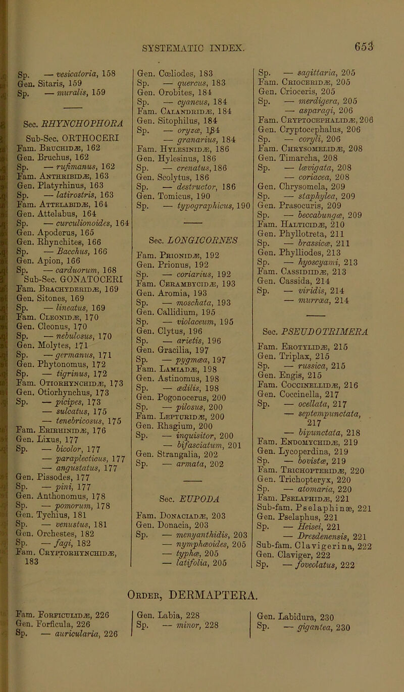 65A Sp. — vesicatoria, 158 Gen. Sitaris, 159 Sp. — viuralis, 169 Sec. EHYNCHOmOBA Sub-Sec. ORTHOCEEI Earn. Bruchid.®, 162 Gen. Bruchus, 162 Sp. — rufimanus, 162 Fam. Anthribidjb, 163 Gen. Platyrhinus, 163 Sp. — latirostris, 163 Fam. ATTELABrD.a5, 164 Gen. Attelabus, 164 Sp. —curculionoidcs, IQi Gen. Apoderus, 165 Gen. Ebynchitee, 166 Sp. —Bacchus, Gen. Apion, 166 Sp. —carduorum, Sub-Sec. GONATOCERI Fam. Brachtdebid.®, 169 Gen. Sitones, 169 Sp. — Uneatus, 169 Fam. Cleontd®, 170 Gen. Cleonus, 170 Sp. — nehulosus, 170 Gen. Molytes, 171 Sp. —germanus,Vl\ Gen. Phytonomus, 172 Sp. — tigrinus, 172 Fam. Otiobhynchedje, 173 Gen. Otiorbyncbus, 173 Sp. — picipes, 173 — sulcatus, 175 — tenebricosus, 175 Fam. EBiRHiim)®, 176 Gen. Lixus, 177 Sp. — bicolor, 177 — paraplecticus, 177 — angustatus, 177 Gen. Pissodes, 177 Sp. — pini, 177 Gen. Anthonomus, 178 Sp. — pomorum, 178 Gen. Tychius, 181 Sp. — venustus, 181 Gen. Orchestes, 182 Sp. — fagi, 182 Fam. CRYPTOEHTNCHIDiE, 183 Gen. Coeliodes, 183 Sp. — quercus, 183 Gen. Orobites, 184 Sp. — cyaneus, 184 Fam. Calandridje, 184 Gen. Sitophilus, 184 Sp. — oryzcB, 1^4 — granarius, 184 Fam. HylesinidjE, 186 Gen. Hylesinus, 186 Sp. — crenatus, 186 Gen. Scolytiis, 186 Sp. — destructor, 186 Gen. Tomicus, 190 Sp. — typographicus, 190 Sec. LONGICOBNES Fam. Pbionid.®, 192 Gen. Prionus, 192 Sp. — coriarius, 192 Fam. Cebambycid.®, 193 Gen. Aromia, 193 Sp. — moschata, 193 Gen. CaUidinm, 196 Sp. — violaceum, 195 Gen. Clytus, 196 Sp. — arietis, 196 Gen. Gracilia, 197 Sp. — pygmcBa, 197 Fam. Lamiad®, 198 Gen. Astinomus, 198 Sp. — mdilis, 198 Gen. Pogonocerus, 200 Sp. — pilosus, 200 Fam. Leptcieid®, 200 Gen. Ehagium, 200 Sp. — inquisitor, 200 — bifasciatum, 201 Gen. Strangalia, 202 Sp. — armata, 202 Sec. EUPODA Fam. Donaciab®, 203 Gen. Donacia, 203 Sp. — menyantkidis, 203 — nymphmoides, 205 — typhm, 205 — latifolia, 205 Sp. — sagittaria, 205 Fam. Cbioceeid®, 205 Gen. Crioceris, 205 Sp. — merdigera, 205 — asparagi, 206 Fam. Cbyptocephaeid®, 206 Gen. Cryptocephalus, 206 Sp. — coryli, 206 Fam. Chbysomelid®, 208 Gen. Timarcha, 208 Sp. — Icevigata, 208 — coriacea, 208 Gen. Cbrysomela, 209 Sp. — staphylea, 209 Gen. Prasocuris, 209 Sp. — beccabungm, 209 Fam. Hat.tich)®, 210 Gen. Phyllotreta, 211 Sp. — brassiccB, 211 Gen. PhyUiodes, 213 Sp. — hyoscyami, 213 Fam. Cassidiid®, 213 Gen. Cassida, 214 Sp. — viridis, 214 — murrcea, 214 Sec. PSEUDOTBIMEBA Fam. Ehotylid®, 215 Gen. Triplax, 215 Sp. — russica, 215 Gen. Engis, 215 Fam. Coccinellid®, 216 Gen. Coccinella, 217 Sp. — ocellata, 217 — septempunctata, 217 — bipunctata, 218 Fam. Endohychid®, 219 Gen. Lycoperdina, 219 Sp. — bovistm, 219 Fam. Tbichopteeid®, 220 Gen. Trichopteryx, 220 Sp. — atomaria, 220 Fam. Pselaphid®, 221 Sub-fam. Pselaphinae, 221 Gen. Pselaphus, 221 Sp. — Heisei, 221 — Bresdenensis, 221 Sub-fam. Clavigerina, 222 Gen. Claviger, 222 Sp. — foveolatus, 222 Order, DERMAPTERA. Fam. FoRFicTJLro®, 226 Gen. Forficula, 226 Sp. — auricularia, 226 Gen. Labia, 228 Sp. — minor, 228 Gen. Labidura, 230 Sp. — gigantea, 230