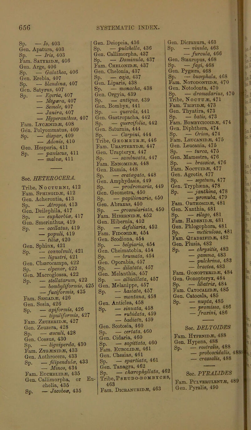 Sp. — lo, 403 Gen. Apatura, 403 Sp. — Iris, 403 Earn. SATYEiDiE, 406 Gen. Arge, 406 Sp. — Galathea, 406 Gen. Erebia, 407 Sp. — blandina, 407 Gen. Satyrus, 407 Sp. — Egeria, 407 — Megcsra, 407 — Semde, 407 — Janira, 407 — Hyperanihus, 407 Earn. LTCASNiDjE, 408 Gen. Polyommatus, 409 Sp. — dispar, 409 — Adonis, 410 Gen. Hesperia, 411 Sp. — paniscus, 411 — malvee, 411 Sec. HETEBOCERA. Tribe, Nocttjeni, 412 Earn. SpHiNGiDiE, 412 Gen. Acherontia, 413 Sp. — Atropos, 413 Gen. Deilepbila, 417 Sp. — euphorhim, 417 Gen. Smerinthus, 419 Sp. — oocllatus, 419 — populi, 419 — tilicB, 420 Gen. Sphinx, 421 Sp. — convolmli, 421 — Ugustri, 421 Gen. Choerocampa, 422 Sp. — elpenor, 422 Gen. Macroglossa, 422 Sp. — stellatamm, 422 — Ixmbyliformis, 425 — fuciformis, 425 Earn. SESLADiB, 426 Gen. Sesia, 426 Sp. — apiformis, 426 — tiptdiformis, 427 Earn. ZEGZEEID.B, 427 Gen. Zeuzera, 428 Sp. — cesculi, 428 Gen. Cossus, 430 Sp. — Ugniperda, 430 Earn. ZYQMm'DJB, 433 Gen. Anthrocera, 433 Sp. — filipendulee, 433 — Minos, 434 Earn. Eucheudje, 435 Gen. Callimorpha, or Eu- chelia, 435 Sp. — Jacobecs, 435 Gen. Deiopeia, 436 Sp. — pulchella, 436 Gen. Callimorpha, 437 Sp. — Dominula, 437 Earn. Chelonid.®, 437 Gen. Chelonia, 437 Sp. — caja, 437 Gen. Liparis, 438 Sp. — monacha, 438 Gen. Orgyia, 439 Sp. — antigua, 439 Gen. Bombyx, 441 Sp. — guerciis, 441 Gen. Gastropacha, 442 Sp. — guercifolia, 442 Gen. Saturnia, 444 Sp. — Carpini, 444 Tribe, Geomete®, 446 Earn. Ueapteeyd®, 447 Gen. Urapteryx, 447 Sp. — sambucata, 447 Earn. Ennomiu®, 448 Gen. Eumia, 448 Sp. — cratcBgata, 448 Gen. Amphydasis, 449 Sp. — prodromaria, 449 Gen. Geometra, 450 Sp. — papilionaria, 450 Gen. Abraxas, 450 Sp. — grossulariata, 450 Earn. Hibeenid®, 452 Gen. Hibernia, 452 Sp. — defoliaria, 452 Earn. Eidonid®, 454 Gen. Scodiona, 454 Sp. — belgiaria, 454 Gen. Cheimatobia, 454 Sp. — brumaia, 454 Gen. Oporabia, 457 Sp. — dilatata, 457 Gen. Melanthia, 457 Sp. — aibicillata, 457 Gen. Melanippe, 457 Sp. — hastata, 457 — montana, 458 Gen. Anticlea, 458 Sp. — sinuata, 458 — rubidata, 459 — badiatu, 459 Gen. Scotx)sia, 460 Sp. — certata, 460 Gen. Cidaria, 460 Sp. — sagittata, 460 Earn. Ebbolid®, 461 Gon. Chesias, 461 Sp. — spartiata, 461 Gen. Tanagra, 462 Sp. — choerophgllata, 462 Tribe.PsEUDO-BOMBYCES 463 Earn. Diceanveid®, 463 Gen. Dicranura, 463 Sp. — viniila, 463 — furcula, 466 Gen. Stauropus, 468 Sp. — fagU 468 Gon. Pygmra, 468 Sp. — buoephala, 468 Earn. Notodontld®, 470 Gen. Notodonta, 470 Sp. — dromedarius, 470 Tribe, Noctu®, 471 Earn. Teifid®, 473 Gen. Thyatira, 473 Sp. — batis, 473 Earn. Bombycicoid®, 474 Gen. Diphthera, 474 Sp. — Orion, 474 Earn. Lebcanid®, 475 Gen. Leucania, 475 Sp. — turca, 475 Gen. Mamestra, 476 Sp. — brassiciB, 476 Earn. Noctbtd®, 477 Gen. Agrotis, 477 Sp. — segetum, 477 Gen. Tryphjena, 478 Sp. —janthina, — pronvha, 479 Earn. Oethosid®, 481 Gen. Xanthia, 481 Sp. — silago, 481 Earn. Hadenid®, 481 Gen. Phlogophora, 481 Sp. — meticidosa, 481 Earn. Qbadeifid®, 482 Gen. Plusia, 482 Sp. — chrysitis, 482 — gamma, 483 — fulchrina, 483 — bractea, 483 Earn. Gonoptkeid®, 484 Gen. Gonopteryx, 484 Sp. — libatrix, 484 Earn. Catocaxid®, 485 Gen. Catx)cala, 485 Sp. — nupta, 485 — promissa, 486 — fraxini, 486 Sec. PYBALWES Earn. Pvlveeblekt®, 489 Gen. Pyralis, 490 I?,-1 hJ lu ' IfeS; lia.1 Sec. BELTOIDES Earn. Hypenid®, 488 Gen. Hypena, 488 Sp. — rostralis, 488 — proboscidalis, 488> — crassalis, 488