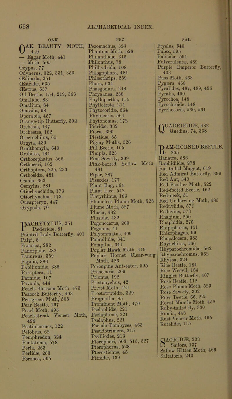 OAK OAIi BEAUTY MOTH, 449 — Eggar Moth, 441 — Moth, 505 Ocypus, 77 Odynerus, 322, 331, 350 CEdipoda, 251 ffistridae, 635 CEstrus, 637 Oil Beetle, 154, 219, 363 Omalidae, 83 Omalium, 84 Oniosita, 98 Oporabia, 457 Orange-tip Butterfly, 392 Orchesia, 147 Orchestes, 182 Orectochilus, 65 Orgyia, 439 Ornithomyia, 640 Orobites, 184 Orthocephalus, 566 Orthoeeri, 162 Orthoptera, 225, 233 Orthosidse, 481 Osmia, 363 Osmylus, 281 Otiorhynchidse, 173 Otiorhynchus, 173 Ourapteryx, 447 Oxypoda, 70 PACHYTYLUS, 251 Psederidse, 81 Painted Lady Butterfly, 401 Palpi, 8 Panorpa, 282 Panorpidse, 282 Panurgus, 359 Papilio, 386 Papilionidse, 386 Paraptera, 11 Parnidae, 107 Pavonia, 444 Peach-Blossom Moth, 473 Peacock Butterfly, 403 Pea-green Moth, 505 Pear Beetle, 167 Pearl Moth, 493 Pearl-streak Veneer Moth, 496 Pectinicornes, 122 Pelobius, 62 Pemphredon, 324 Pentatoma, 578 Perla, 263 Perlidee, 263 Peronea, 505 PEZ Pezomachus, 323 Phantom Moth, 528 Philanthidae, 346 Philonthus, 78 Philhydrida, 108 Phlogophora, 481 Phlaeothrips, 259 Phora, 634 Phasgonura, 248 Phryganea, 288 Phyllopertha, 114 Phyllotreta, 211 Phytocoridae, 564 Phytocoris, 564 Phytonomus, 172 Pieridse, 389 Pieris, 390 Piestidae, 85 Pigmy Moths, 526 Pin Beetle, 105 Pimpla, 323 Pine Saw-fly, 309 Pink-barred Yellow Moth, 481 Piper, 287 Pissodes, 177 Plant Bug, 564 Plant Lice, 542 Plat3rrhinus, 163 Plumeless Plume Moth, 528 Plume Moth, 527 Plusia, 482 Plusidae, 432 Pogonocerus, 200 Pogonus, 41 Polyommatus, 409 Pompilidae, 341 Pompilus, 341 Poplar Hawk Moth, 419 Poplar Hornet Clear-wing Moth, 426 Porcupine Ant-eater, 595 Prasocuris, 209 Prionus, 192 Pristonychus, 42 Privet Moth, 421 Proctotrupidoe, 329 Prognatha, 85 Prominent Moth, 470 Pselaphidae, 221 Pselaphinae, 221 Pselaphus, 221 Pseudo-Bombyces, 463 Pseudotrimera, 215 Psylliodes, 213 Pterophori, 503, 515, 527 Pterophorus, 528 Pterostichus, 45 Ptinidae, 139 SAL Ptyelus, 540 Pulex, 595 Pulicidae, 591 Pulvorulentae, 489 Purple Emperor Butterfly, 403 Puss Moth, 463 Pygaera, 468 Pyralides, 487, 489, 496 Pyralis, 490 Pyrochoa, 148 Pyrochroide, 148 Pyrrhocoris, 560, 561 QUADEIFEDiE, 482 Quedius, 74, 338 RAM-HOKNED BEETLE, 205 Ranatra, 586 Raphidiidae, 278 Rat-tailed Maggot, 619 Red Admiral Butterfly, 399 Red Ant, 340 Red Feather Moth, 522 Red-footed Beetle, 162 Red-neck, 51 Red Underwing Moth, 485 Reduviidae, 573 Reduvius, 573 Rhagium, 200 Rhaphidia, 278 Rhipiphorus, 151 Rhizophagus, 99 Rhopalocera, 383 Rhynchites, 166 Rhyparochromidae, 562 Rhyparochromus, 562 Rhyssa, 324 Rice Beetle, 184 Rice Weevil, 184 Ringlet Butterfly, 407 Rose Beetle, 112 Rose Plume Moth, 529 Rose Saw-fly, 302 Rove Beetle, 66, 225 Royal Mantle Moth, 458 Ruby-tiviled fly, 330 Rumia, 448 Rust Veneer Moth, 496 Rutelidae, 115 SAGRID.E, 203 Sailors, 137 Sallow Kitten Moth, 466 I Saltatoria, 240