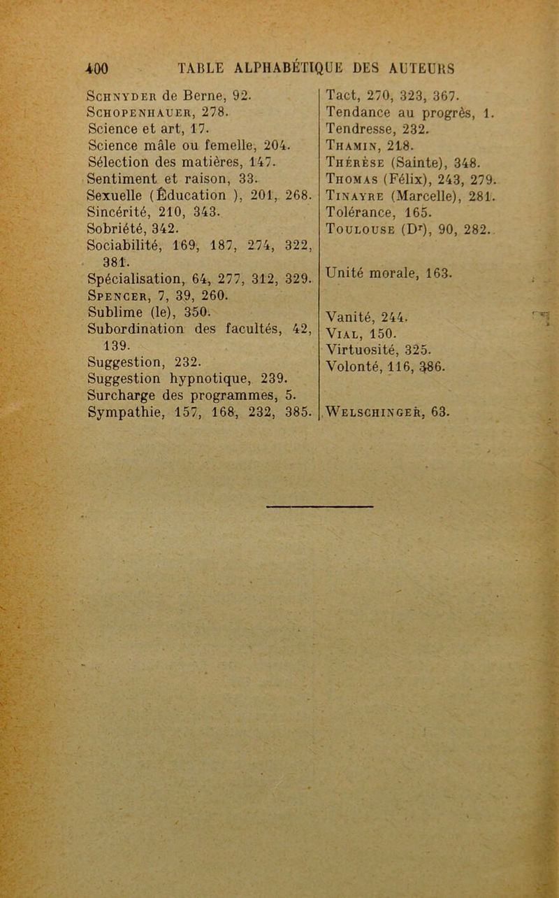 Schnyd er de Berne, 92. SCHOPENHAUER, 278. Science et art, 17. Science mâle ou femelle, 204. Sélection des matières, 147. Sentiment et raison, 33. Sexuelle (Éducation ), 201, 268. Sincérité, 210, 343. Sobriété, 342. Sociabilité, 169, 187, 274, 322, 381. Spécialisation, 64, 277, 312, 329. Spencer, 7, 39, 260. Sublime (le), 350. Subordination des facultés, 42, 139. Suggestion, 232. Suggestion hypnotique, 239. Surcharge des programmes, 5. Sympathie, 157, 168, 232, 385. Tact, 270, 323, 367. Tendance au progrès, 1. Tendresse, 232. Thamin, 218. Thérèse (Sainte), 348. Thomas (Félix), 243, 279. Tinayre (Marcelle), 281. Tolérance, 165. Toulouse (Dr), 90, 282.. Unité morale, 163. Vanité, 244. Vial, 150. Virtuosité, 325. Volonté, 116, 586. Welschinger, 63.