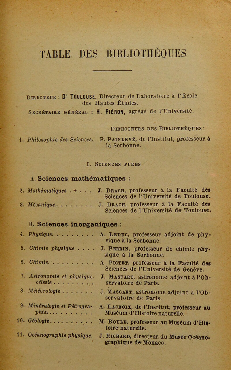 TABLE DES BIBLIOTHÈQUES Directeur : Dr TOULOUSE, Directeur de Laboratoire h l’École des Hautes Études. Secrétaire général : H. PlÉRON, agrégé de l’Université. Directeurs des Bibliothèques : 1. Philosophie des Sciences. P. Painlevé, de l’Institut, professeur à la Sorbonne. I. Sciences pures A. Sciences mathématiques : 2. Mathématiques . -t . . . J. Drach, professeur à la Faculté des Sciences de l’Université de Toulouse. 3. Mécanique J. Drach, professeur à la Faculté des Sciences de l’Université de Toulouse. 6. Sciences inorganiques : 4. Physique A. Leduc, professeur adjoint de phy- sique à la Sorbonne. 5. Chimie physique .... J. Perrin, professeur de chimie phy- sique à la Sorbonne. 6. Chimie A. Pictet, professeur à la Faculté des Sciences de l’Université de Genève. 7. Astronomie et physique. J. Mascart, astronome adjoint à l’Ob- céleste servatoire de Paris. 8. Météorologie J. Mascart, astronome adjoint à l’Ob- servatoire de Paris. 9. Minéralogie et Pétrogra- A. Lacroix, de l’Institut, professeur au Phie Muséum d’Histoire naturelle. 10. Géologie . M. Boule, professeur au Muséum d’His- toire naturelle. 11. Océanographie physique. J. Richard, directeur du Musée Océano- graphique de Monaco.