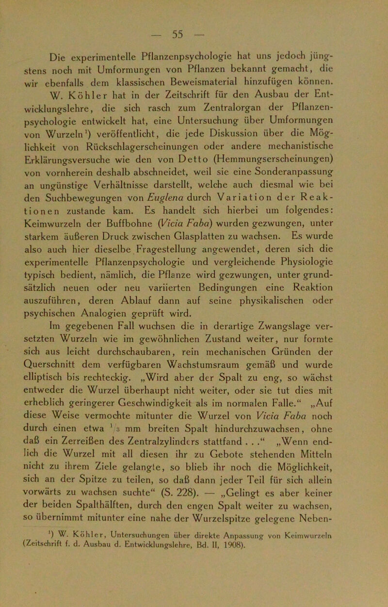 Die experimentelle Pflanzenpsychologie hat uns jedoch jüng- stens noch mit Umformungen von Pflanzen bekannt gemacht, die wir ebenfalls dem klassischen Beweismaterial hinzufügen können. W. Köhler hat in der Zeitschrift für den Ausbau der Ent- wicklungslehre, die sich rasch zum Zentralorgan der Pflanzen- psychologie entwickelt hat, eine Untersuchung über Umformungen von Wurzeln1) veröffentlicht, die jede Diskussion über die Mög- lichkeit von Rückschlagerscheinungen oder andere mechanistische Erklärungsversuche wie den von Detto (Hemmungserscheinungen) von vornherein deshalb abschneidet, weil sie eine Sonderanpassung an ungünstige Verhältnisse darstellt, welche auch diesmal wie bei den Suchbewegungen von Euglena durch Variation der Reak- tionen zustande kam. Es handelt sich hierbei um folgendes: Keimwurzeln der Buffbohne (Vicia Fabci) wurden gezwungen, unter starkem äußeren Druck zwischen Glasplatten zu wachsen. Es wurde also auch hier dieselbe Fragestellung angewendet, deren sich die experimentelle Pflanzenpsychologie und vergleichende Physiologie typisch bedient, nämlich, die Pflanze wird gezwungen, unter grund- sätzlich neuen oder neu variierten Bedingungen eine Reaktion auszuführen, deren Ablauf dann auf seine physikalischen oder psychischen Analogien geprüft wird. Im gegebenen Fall wuchsen die in derartige Zwangslage ver- setzten Wurzeln wie im gewöhnlichen Zustand weiter, nur formte sich aus leicht durchschaubaren, rein mechanischen Gründen der Querschnitt dem verfügbaren Wachstumsraum gemäß und wurde elliptisch bis rechteckig. „Wird aber der Spalt zu eng, so wächst entweder die Wurzel überhaupt nicht weiter, oder sie tut dies mit erheblich geringerer Geschwindigkeit als im normalen Falle.“ „Auf diese Weise vermochte mitunter die Wurzel von Vicia Faba noch durch einen etwa 1 3 mm breiten Spalt hindurchzuwachsen, ohne daß ein Zerreißen des Zentralzylindcrs stattfand . . .“ „Wenn end- lich die Wurzel mit all diesen ihr zu Gebote stehenden Mitteln nicht zu ihrem Ziele gelangte, so blieb ihr noch die Möglichkeit, sich an der Spitze zu teilen, so daß dann jeder Teil für sich allein vorwärts zu wachsen suchte“ (S. 228). — „Gelingt es aber keiner der beiden Spalthälften, durch den engen Spalt weiter zu wachsen, so übernimmt mitunter eine nahe der Wurzelspitze gelegene Neben- ') W. Köhler, Untersuchungen über direkte Anpassung von Keiinwurzeln (Zeitschrift f. d. Ausbau d. Entwicklungslehre, Bd. II, 1908).