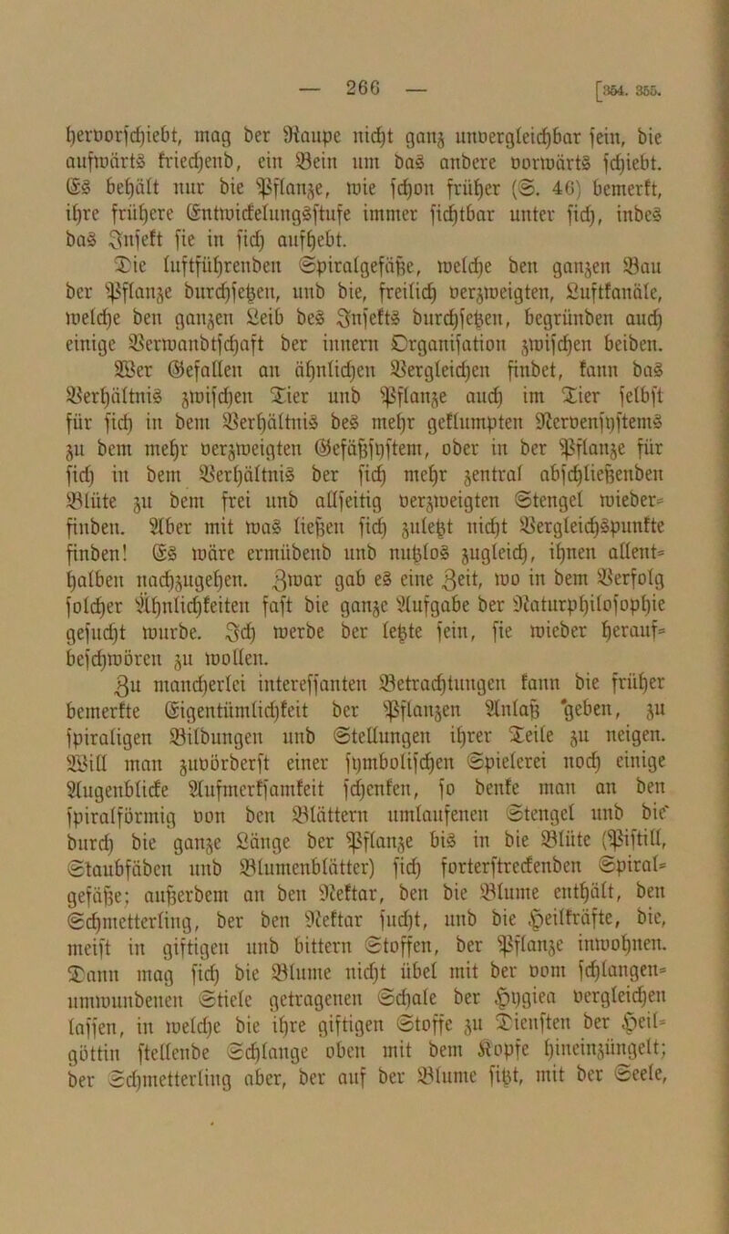 I)ert)orfrf)ieOt, mag ber Staupe nidpt gattj unoergteicpbar fein, bie aufmärtä friedpenb, ein Sein um ba3 aubere öormärt§ fdjiebt. ©3 6ef)ält nur bie fßflauje, rnie fcpon früher (©. 46) bemerft, ipre frühere ©ntmicfetungäftufe immer ficptbar unter fid), inbe§ ba<3 Snfeft fie in fid) aufpebt. 3)ie luftfüfjrenben ©piratgefäfte, metdpe ben ganzen Sau ber ißflanje burcpfepen, unb bie, freitief) oerjmeigten, Suftfanäte, metefje ben gangen Sieib be3 ^nfeft» burcpfepen, begriiitben auep einige Sermanbtfcpaft ber innern Drganifation jraifepen beiben. SBer ©efatteu an äpntidjeit Sergteidjcn finbet, fann ba§ Serpättniä jmifdjen Stier unb fßftanje aud) im Stier fetbft für fief) in beut Serpältniä be§ mepr geffumpten SfterüenfgftemS ju bent mepr oerjmeigteu ©efäftfpftem, ober in ber ißftanje für fid) in bem Serpättni§ ber fiep mepr jentrat abfeptieftenben Slüte ju bem frei unb aftfeitig oerjmeigten ©tenget mieber= finbeu. Sfber mit ma§ tieften fid) jutept niept Sergteicpspunfte finben! ©§ märe ermübenb unb nupto» jugteiep, ipnen attent= patbeu naepsugepett. $mar 9a& eg e*ne 3eift lüt) *n ^em Serfotg fotdper Sipnticpfeiten faft bie ganje Stufgabe ber Staturppitofoppie gefudpt mürbe. Qcp merbe ber tepte fein, fie roieber perauf» befepmören ju motten. 3n manepertei intereffanten Setracptuugen fann bie friiper bemerfte ©igentümlidjfeit ber fßflaitjen Sfntaft geben, ju fpiratigen Silbungen unb ©tettungen iprer Steite ju neigen. SÖitt man jitoörberft einer fpmbotifcpen ©pietcrei noep einige Stugenbtide Stufmerffamfeit fepenfen, fo beide man an ben fpiratförmig oon ben Stättern umtaufenen ©tenget unb bie' burep bie gan§e Sänge ber ißffan§e bi§ in bie Slüte (fßiftill, ©taubfäbcu unb Stumcnbtätter) fiep forferftreefenben Spiral* gefäfte; aufterbem an ben SJteftar, ben bie Stume entpätt, ben ©cpmetterling, ber ben Steftar fuept, unb bie |>eitfräfte, bie, meift in giftigen unb bittern Stoffen, ber ^ftanje inmopnen. Staun mag fid) bie Stume nid)t übet mit ber oom feptangen* ummunbenen ©tiete getragenen ©d)ate ber |)i)giea Dergleichen taffen, in melcpe bie ipre giftigen Stoffe ju Stienften ber £eil* göttin fteltcnbe ©eptange oben mit bem Äopfe piueinjüngett; ber ©cpmetterling aber, ber auf ber Stume fipt, mit ber Seele,