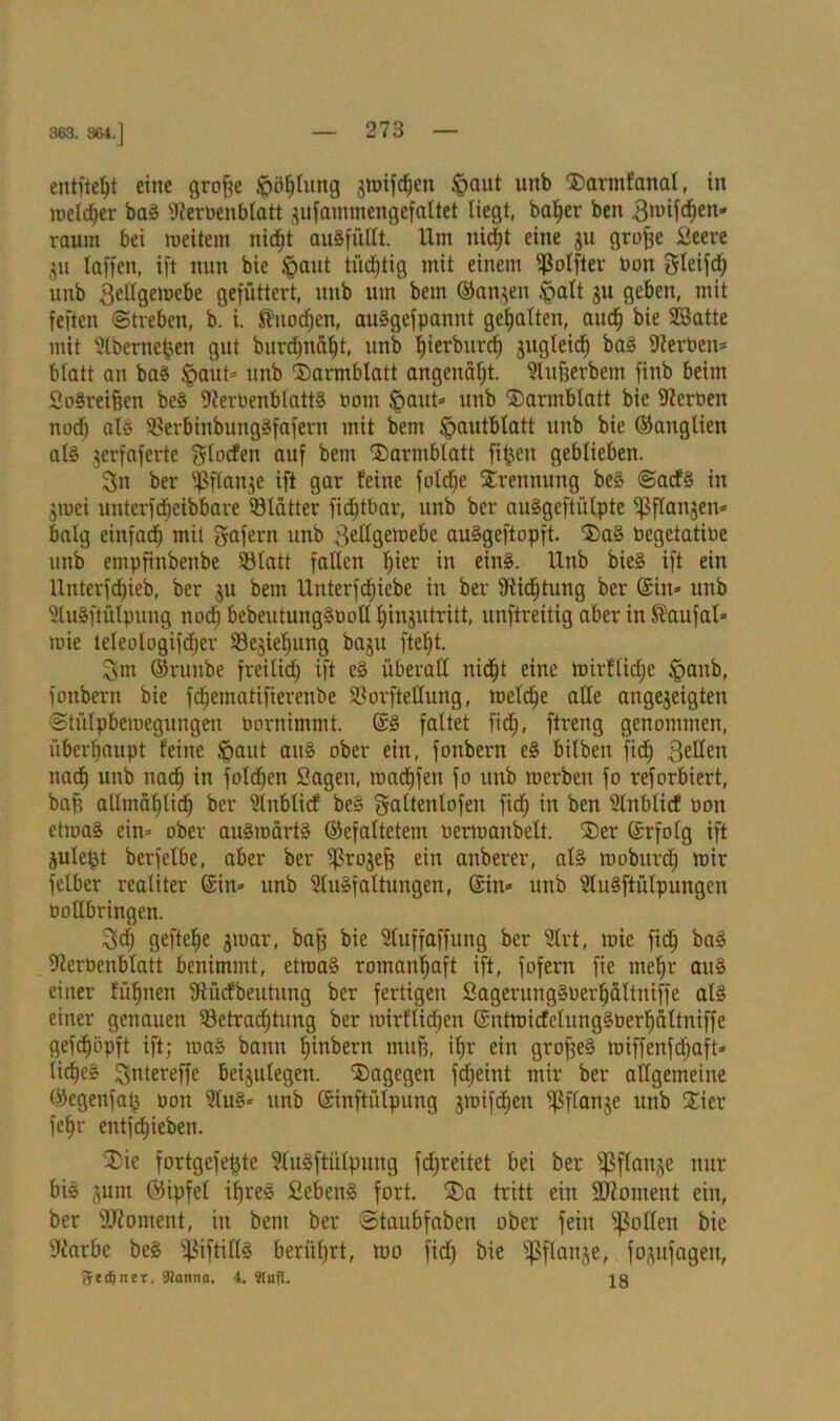 363. 364.] entfteljt eine groffe ipöf)lnng gmifdjen §aut uttb Darmfanal, in melier bag 9?ert>enblatt jufammengefaltet liegt, baher ben 3n>if<^cn« raum bei meitem nidjt auSfütti. Um nidjt eine ju groffc ßeere ju laffcn, ift nun bie §aut tüchtig mit einem fßotfter non Steifd) unb 3elfge»Debe gefüttert, unb um bem ©anjett £>alt ju geben, mit feften (Streben, b. i. ®uodjen, auggefpannt gehalten, auch bie SSatte mit alberneren gut burdjna^t, unb hierburd) jugleid) bag Serben* blatt an bag §aut* unb Darmblatt angenäht. Slufjerbem finb beim Sogreifien beg 9?erbenblatt8 tmm !paut* unb Darmblatt bie Sterben noch alg SBerbinbunggfafern mit bem Ipautblatt unb bie ©anglien alg jerfaferte glocfen auf bem Darmblatt fi^cn geblieben. 3n ber Ißflanje ift gar feine foldje Trennung beg Sacfg in jmci untcrfdjeibbare Blatter fidjtbar, unb ber auggeftülpte fßflanjen* balg einfach mit gafern unb ßeßgefoebe auSgeftopft. Dag öegetatioe unb etnpfinbenbe Statt fallen Ijier in eing. Unb bieg ift ein Unterfdjieb, ber $u bem Unterfdjiebe in ber fftidjtung ber (Sin* unb Stugftülpung noch bebeutunggboll hinjutritt, unftreitig aber in Sfaufal» mie teleologifdjer Bejahung baju fte^t. Sm ©runbe freilich ift eg überall nidjt eine mirflief)e Ipaub, fonbern bie fchematifierenbe BorfieKung, meldje ade angejeigten ©tülpbemegungen bornimmt. (Sg faltet fich, ftreng genommen, überhaupt feine §aut aug ober ein, fonbern eg bilbett fiel) 3U^n nadf) unb nach in folgen Sagen, madjfen fo unb merben fo reforbiert, baf; allmählich ber Slnblicf beg galtenlofen fidj in ben Slnblirf uon etmag ein* ober augmdrtg (Gefaltetem bermanbelt. Der (Srfolg ift jule^t berfclbe, aber ber Brojeff ein anberer, atg moburd; mir felber realiter (Sin* unb ülugfaltungen, (Sin* unb SluSftütpungen bollbringen. 3d; geftehe jmar, baff bie 5luffaffung ber 2lrt, mie fxc£) bag 9?erbenblatt benimmt, etmag romanhaft ift, fofern fie mehr aug einer fügten fftücfbeutung ber fertigen Sagerunggoerljältniffe alg einer genauen Betrachtung ber wirftiefjen (Sntmicfctunggberfjültniffe geköpft ift; mag bann fjirtbern muff, ihr ein groffeg miffenfd)aft* iicheg ^ntereffe beijulegen. Dagegen fdjeint mir ber allgemeine ©egenfa^ uon ?(ug* unb (Sinftülpung jmifdjen ^ßflanje unb Dier fef)i* entf(hieben. Die fortgefehte Slugftütpung fdjreitet bei ber fßflanje nur big jum (Gipfel ifjreö Sebeng fort. Da tritt ein äJfoment ein, ber Moment, in bem ber ©taubfaben ober fein Rollen bie diarbe beg fßiftiKg berührt, roo fid) bie fßflange, fojufagen, Segnet. SWamta. 4. Mufl. 18