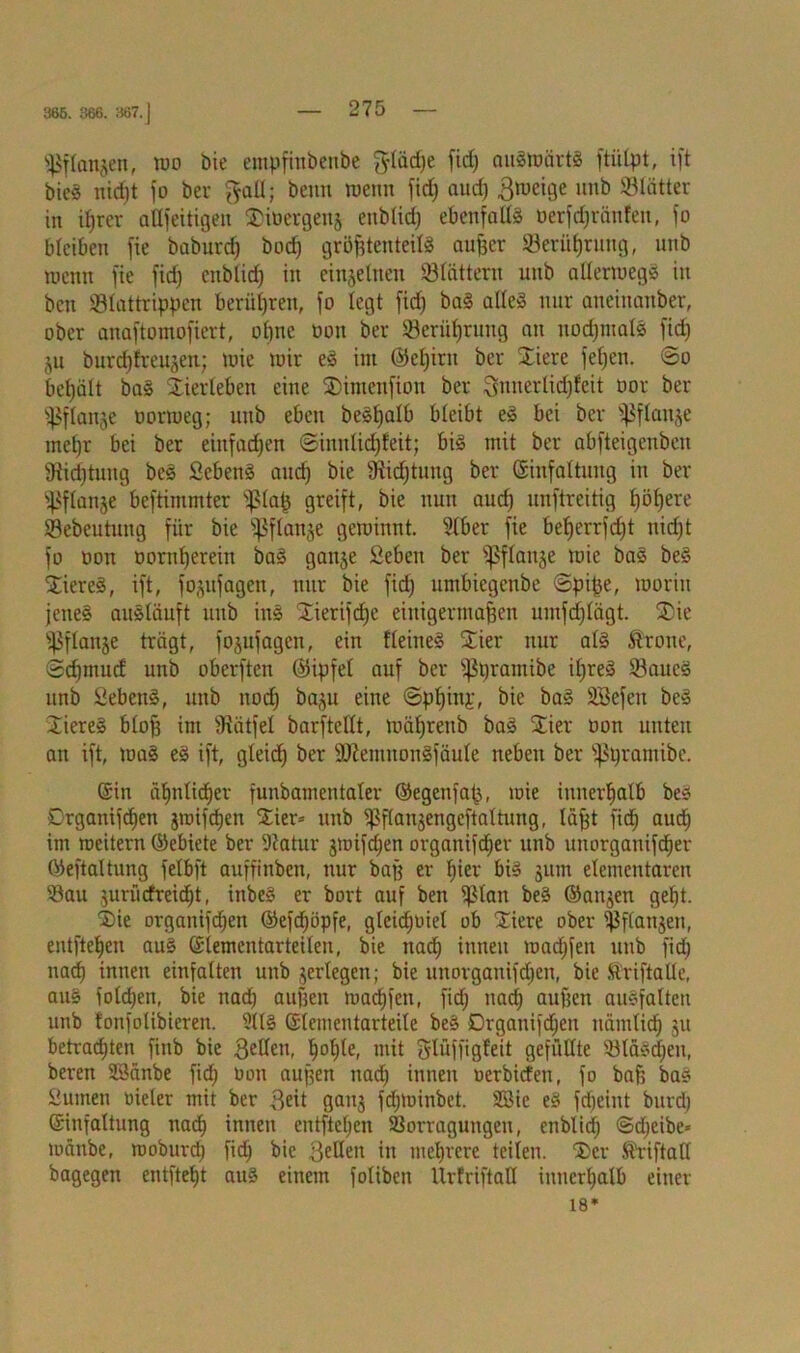 ^flanjen, wo bie empfinbenbe gläd)e fid) auswärts ftülpt, ift bieö nid)t fo ber jyaU; beim wenn fidj and) $weige unb ©lütter in iljrer attfeitigen SDiüergenj enblid) ebenfalls öerför&nfen, fo bleiben fie baburcf) bod) größtenteils außer ©erüfjrung, unb wenn fie fid) enblid) in einzelnen ©lüttem unb atlerwegS in ben ©lattrippen berühren, fo legt fid) baS alles nur aneinaitber, ober anaftomofiert, ohne öon ber ©erüßruug au nochmals fid) ju burd)freujeu; wie wir eS int ®el)irn ber Stiere fel)en. ©o beljält baS Xierleben eine SDimenfiou ber 3mterlid)feit oor ber ißflanje oorweg; unb eben beSßalb bleibt eS bei bcr fßflanje mel)r bei ber einfachen ©initlidjfeit; bis mit ber abfteigenben fftidjtung beS ScbenS and) bie Sftidjtung ber ©iufaltung in ber fßflanje bestimmter fßlap greift, bie nun auef) unftreitig ßöfjere Sebeutung für bie fßflanje gewinnt. Slber fie bef)errfd)t nid)t fo oott oornfjerein baS ganje Sebett ber ipflaitje wie baS beS XiereS, ift, fojufagen, nur bie fid) umbiegenbe ©piße, worin jenes ausläuft uitb iitS Xierifcfje einigermaßen umfd)lügt. Xie fl an je trägt, fojufagen, ein Keines Stier nur als Grotte, ©djmud unb oberften ©ipfel auf ber fßpramibe ißreS ©aueS unb SebenS, unb nod) ba^u eine ©ppiuj, bie baS SSefen beS liereS bloß im fRütfel barftellt, wäfjreub baS Xier oon unten an ift, waS eS ift, gleid) ber ÜDlemnonSfäule neben ber Sßpramibc. ©in al)nltd)er funbamentaler ©egenfaß, wie innerhalb bes Drganifd)en jwifdjen Xier= unb fpflanjengeftaltung, läßt fid) aud) im weitern ©ebiete ber Statur jmifdjen organifdjer unb unorganifdjer ©eftaltung felbft auffinben, nur baß er hier bis jum elementaren ©au 3urücfreid)t, ittbeS er bort auf ben fpian beS ©anjen geljt. $ie organifdjen ©efd)öpfe, gleidjoiel ob Stiere ober fßflanjen, entfteljen aus ©lementarteilen, bie nach innen warfen unb fid) natp innen einfalten unb jerlegen; bie unorganifdjen, bie ftriftatle, aus folgen, bie ttad) außen wadjfen, fid) nad) außen ausfalten unb tonfolibieren. ülls ©lernentarteile beS Drganifdjen nämlich ju betrachten ftnb bie 3elleu, l)of>lef mit ßlüffigfeit gefüllte ©löschen, beren SSänbe fid) Oon außen nad) innen oerbirfen, fo baß baS Sutnen oieler mit ber 3eit gauj fd)Winbet. Sßie eS fdjeint burdj ©infaltung nad» innen entfielen ©orragungen, enblid) ©djeibe* wänbe, woburd) fid) bie 3eöen jn mehrere teilen. ®cr Süriftall bagegen entfteßt aus einem foliben UrfriftaU innerhalb einer 18*