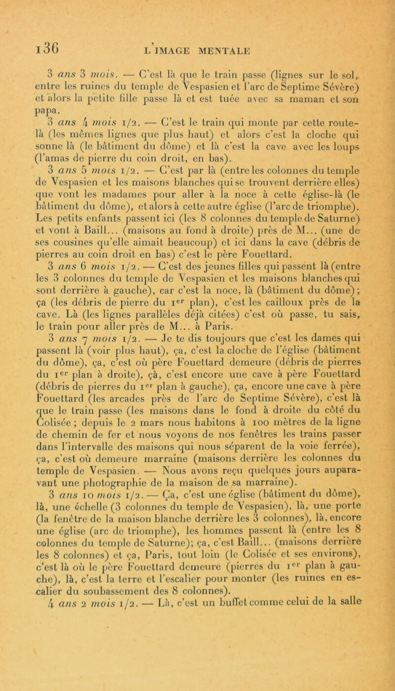 i3G 3 ans 3 mois. — C’est là que le train passe (lignes sur le sol, entre les ruines du temple de Vespasienet l’arc de Septimc Sévère) et alors la petite fille passe là et est tuée avec sa maman et son papa. 3 ans 4 mois 1/2. — C’est le train qui monte par cette route- là (les mêmes lignes que plus haut) et alors c’est la cloche qui sonne là (le bâtiment du dôme) et là c’est la cave avec les loups (l’amas de pierre du coin droit, en has). 3 ans 5 mois 1/2. — C’est par là (entreles colonnes du temple de Vespasien et les maisons blanches qui se trouvent derrière elles) que vont les madames pour aller à la noce à cette église-là (le bâtiment du dôme), et alors à cette autre église (l’arc de triomphe). Les petits enfants passent ici (les 8 colonnes du temple de Saturne) et vont à Bail!... (maisons au fond à droite) près de M... (une de ses cousines qu’elle aimait beaucoup) et ici dans la cave (débris de pierres au coin droit en has) c’est le père Fouettard. 3 ans 6 mois 1/2. — C’est des jeunes filles qui passent là (entre les 3 colonnes du temple de Vespasien et les maisons blanches qui sont derrière à gauche), car c’est la noce, là (bâtiment du dôme); ça (les débris de pierre du Ier plan), c’est les cailloux près de la cave. Là (les lignes parallèles déjà citées) c’est où passe, tu sais, le train pour aller près de M... à Paris. 3 ans 7 mois 1/2. — Je te dis toujours que c’est les dames qui passent là (voir plus haut), ça, c’est la cloche de l’église (bâtiment du dôme), ça, c’est où père Fouettard demeure (débris de pierres du Ier plan à droite), çà, c’est encore une cave à père Fouettard (débris do pierres du i01 plan à gauche), ça, encore une cave à père Fouettard (les arcades près de l’arc de Septime Sévère), c’est là que le train passe (les maisons dans le fond à droite du côté du Colisée ; depuis le 2 mars nous habitons à 100 mètres de la ligne de chemin de fer et nous voyons de nos fenêtres les trains passer dans l’intervalle des maisons qui nous séparent de la voie ferrée), ça, c’est où demeure marraine (maisons derrière les colonnes du temple de Vespasien. — Vous avons reçu quelques jours aupara- vant une photographie de la maison de sa marraine). 3 ans 10 mois 1/2. — Ça, c’est une église (bâtiment du dôme), là, une échelle (3 colonnes du temple de Vespasien), là, une porte (la fenêtre de la maison blanche derrière les 3 colonnes), là, encore une église (arc de triomphe), les hommes passent là (entre les 8 colonnes du temple de Saturne); ça, c’est. Baill... (maisons derrière les 8 colonnes) et ça, Paris, tout loin (le Colisée et ses environs), c’est là où le père Fouettard demeure (pierres du Ier plan à gau- che), là, c’est la terre et l’escalier pour monter (les ruines en es- calier du soubassement des 8 colonnes). 4 ans 2 mois 1/2. — Là, c’est un buffet comme celui de la salle