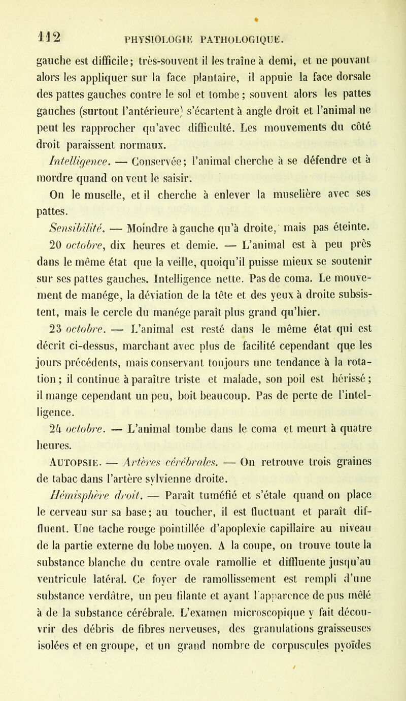 m gauche est difficile; très-souvent il les traîne à demi, et ne pouvant alors les appliquer sur la face plantaire, il appuie la face dorsale des pattes gauches contre le sol et tombe ; souvent alors les pattes gauches (surtout l’antérieure) s’écartent à angle droit et l’animal ne peut les rapprocher qu’avec difficulté. Les mouvements du côté droit paraissent normaux. Intelligence. — Conservée; l’animal cherche à se défendre et à mordre quand on veut le saisir. On le muselle, et il cherche à enlever la muselière avec ses pattes. Sensibilité. — Moindre à gauche qu’à droite, mais pas éteinte. 20 octobre, dix heures et demie. — L’animal est à peu près dans le même état que la veille, quoiqu’il puisse mieux se soutenir sur ses pattes gauches. Intelligence nette. Pas de coma. Le mouve- ment de manège, la déviation de la tête et des yeux à droite subsis- tent, mais le cercle du manège paraît plus grand qu’hier. 23 octobre. — L’animal est resté dans le même état qui est décrit ci-dessus, marchant avec plus de facilité cependant que les jours précédents, mais conservant toujours une tendance à la rota- tion; il continue à paraître triste et malade, son poil est hérissé; il mange cependant un peu, boit beaucoup. Pas de perte de l’intel- ligence. 24 octobre. — L’animal tombe dans le coma et meurt à quatre heures. Autopsie. — Artères cérébrales. — On retrouve trois graines de tabac dans l’artère svlvienne droite. Hémisphère droit. — Paraît tuméfié et s’étale quand on place le cerveau sur sa base; au toucher, il est fluctuant et paraît dif- fluent. Une tache rouge pointillée d’apoplexie capillaire au niveau de la partie externe du lobe moyen. A la coupe, on trouve toute la substance blanche du centre ovale ramollie et difïluente jusqu’au ventricule latéral. Ce foyer de ramollissement est rempli d’une substance verdâtre, un peu filante et ayant l'apparence de pus mêlé à de la substance cérébrale. L’examen microscopique y fait décou- vrir des débris de fibres nerveuses, des granulations graisseuses isolées et en groupe, et un grand nombre de corpuscules pyoïdeg