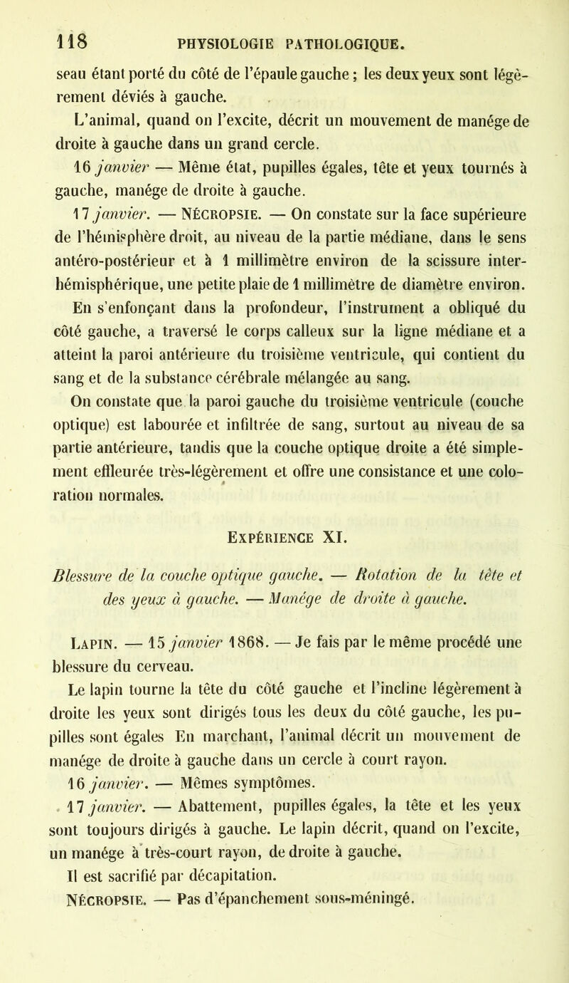 seau étant porté du côté de l’épaule gauche ; les deux yeux sont légè- rement déviés à gauche. L’animal, quand on l’excite, décrit un mouvement de manège de droite à gauche dans un grand cercle. 1 § janvier — Même état, pupilles égales, tête et yeux tournés à gauche, manège de droite à gauche. 17 janvier. — Nécropsie. — On constate sur la face supérieure de l’hémisphère droit, au niveau de la partie médiane, dans !e sens antéro-postérieur et à 1 millimètre environ de la scissure inter- hémisphérique, une petite plaie de 1 millimètre de diamètre environ. En s’enfonçant dans la profondeur, l’instrument a obliqué du côté gauche, a traversé le corps calleux sur la ligne médiane et a atteint la paroi antérieure du troisième ventricule, qui contient du sang et de la substance cérébrale mélangée au sang. On constate que la paroi gauche du troisième ventricule (couche optique) est labourée et infiltrée de sang, surtout au niveau de sa partie antérieure, tandis que la couche optique droite a été simple- ment effleurée très-légèrement et olfre une consistance et une colo- ration normales. Expérience XI. Blessure de la couche optique gauche. — Rotation de la tête et des yeux à gauche. — Manège de droite à gauche. Lapin. — 15 janvier 1868. — Je fais par le même procédé une blessure du cerveau. Le lapin tourne la tête du côté gauche et l’incline légèrement à droite les yeux sont dirigés tous les deux du côté gauche, les pu- pilles sont égales En marchant, l’animal décrit un mouvement de manège de droite à gauche dans un cercle à court rayon. 16 janvier. — Mêmes symptômes. 17 janvier. — Abattement, pupilles égales, la tête et les yeux sont toujours dirigés à gauche. Le lapin décrit, quand on l’excite, un manège à très-court rayon, de droite à gauche. Il est sacrifié par décapitation. Nécropsie. — Pas d’épanchement sous-méningé.