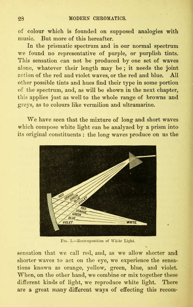 of colour which is founded on supposed analogies with music. But more of this hereafter. In the prismatic spectrum and in our normal spectrum we found no representative of purple, or purplish tints. This sensation can not he produced by one set of waves alone, whatever their length may he ; it needs the joint action of the red and violet waves, or the red and blue. All other possible tints and hues find their type in some portion of the spectrum, and, as will be shown in the next chapter, this applies just as well to the whole range of browns and greys, as to colours like vermilion and ultramarine. We have seen that the mixture of long and short waves which compose white light can be analyzed by a prism into its original constituents : the long waves produce on us the Fig. 5.—Recomposition of White Light. sensation that we call red, and, as we allow shorter and shorter waves to act on the eye, we experience the sensa- tions known as orange, yellow, green, blue, and violet. When, on the other hand, we combine or mix together these different kinds of light, we reproduce white light. There are a great many different ways of effecting this recom-